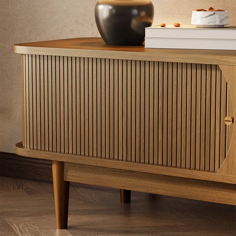 Alt View 4. POVISON - 78.74" Mid-Century Woven Rattan TV Stand, Fluted TV Stand, Walnut Color TV Console with Storage,Perfect for 75-in TVs - Walnut Color.