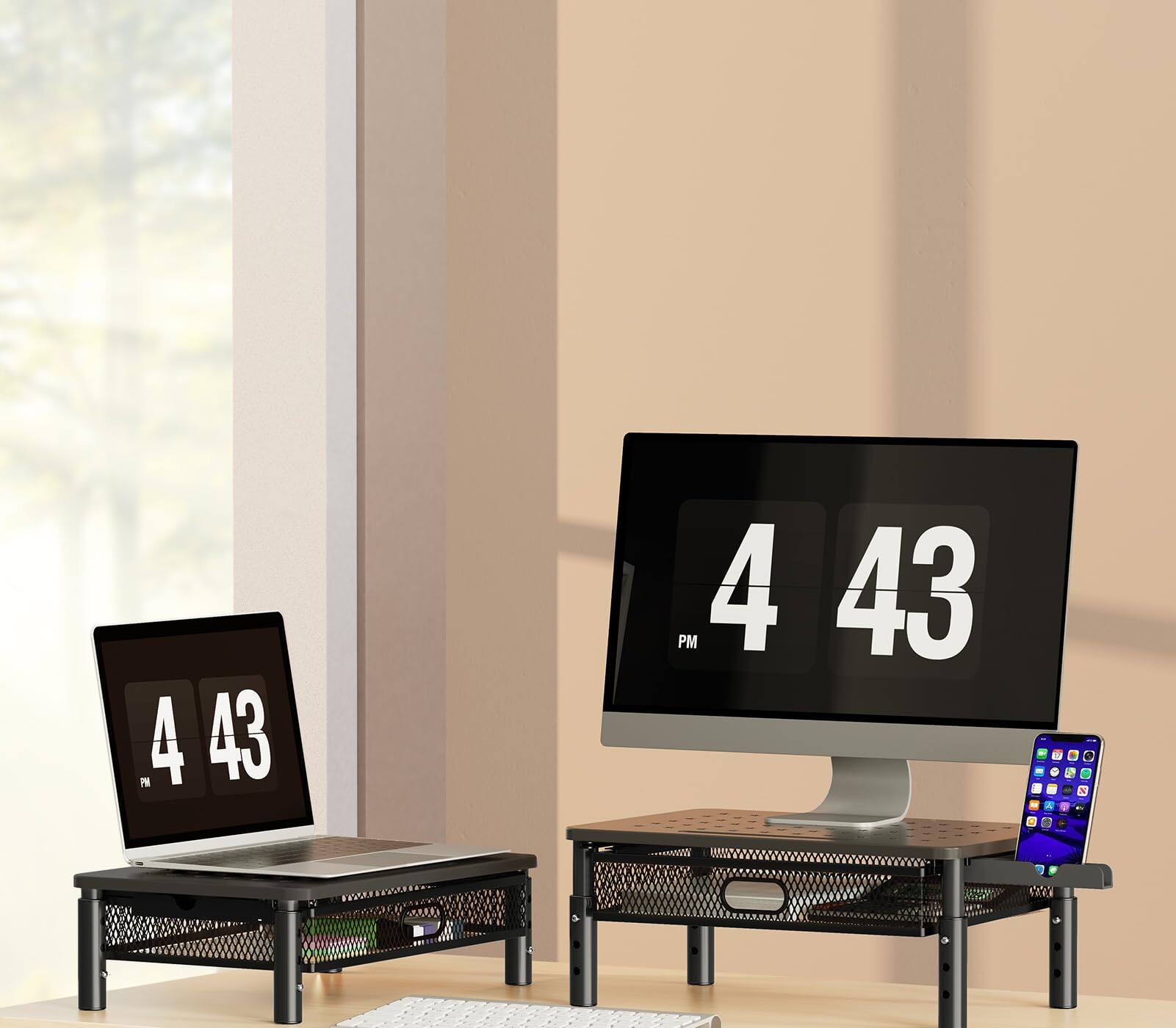 Alt View 3. HongFei - Monitor Stand Riser with Metal Mesh Drawer, Height Adjustable with Phone Holder for Computer, Laptop, Printer, Notebook - Black.