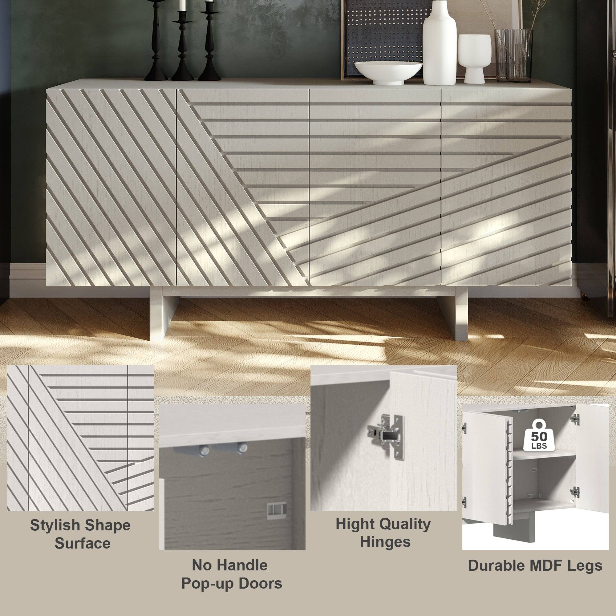 - 50 LBS
- Stylish Shape Surface
- No Handle Pop-up Doors
- High Quality Hinges
- Durable MDF Legs