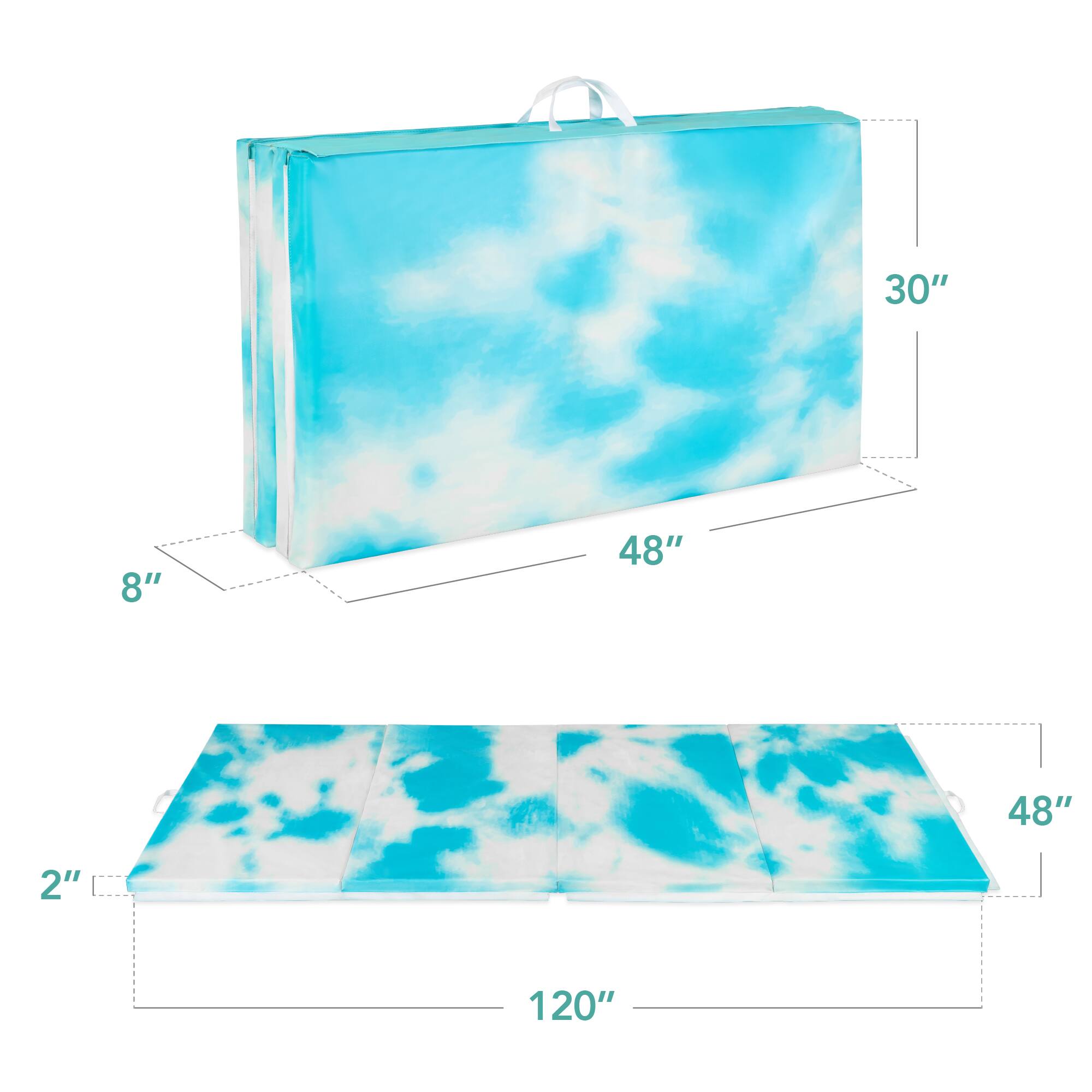 The dimensions of the object are:

- Height: 30"
- Width: 48"
- Depth: 8"
- Height when flat: 2"
- Length when flat: 120"