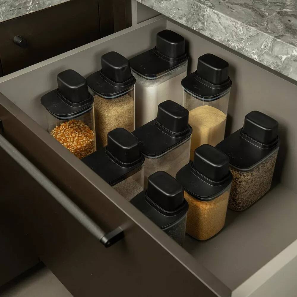 Alt View 2. OU - Airtight Food Storage Container 2‑Pack, 6 Cup BPA‑Free Plastic Pantry Organizer w/ Measuring Lids - Black.