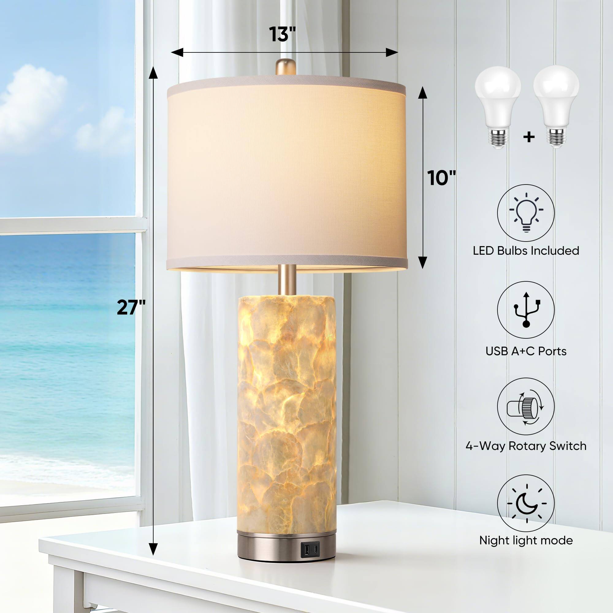 13" + 10" LED Bulbs Included  
27" USB A+C Ports  
4-Way Rotary Switch  
Night light mode