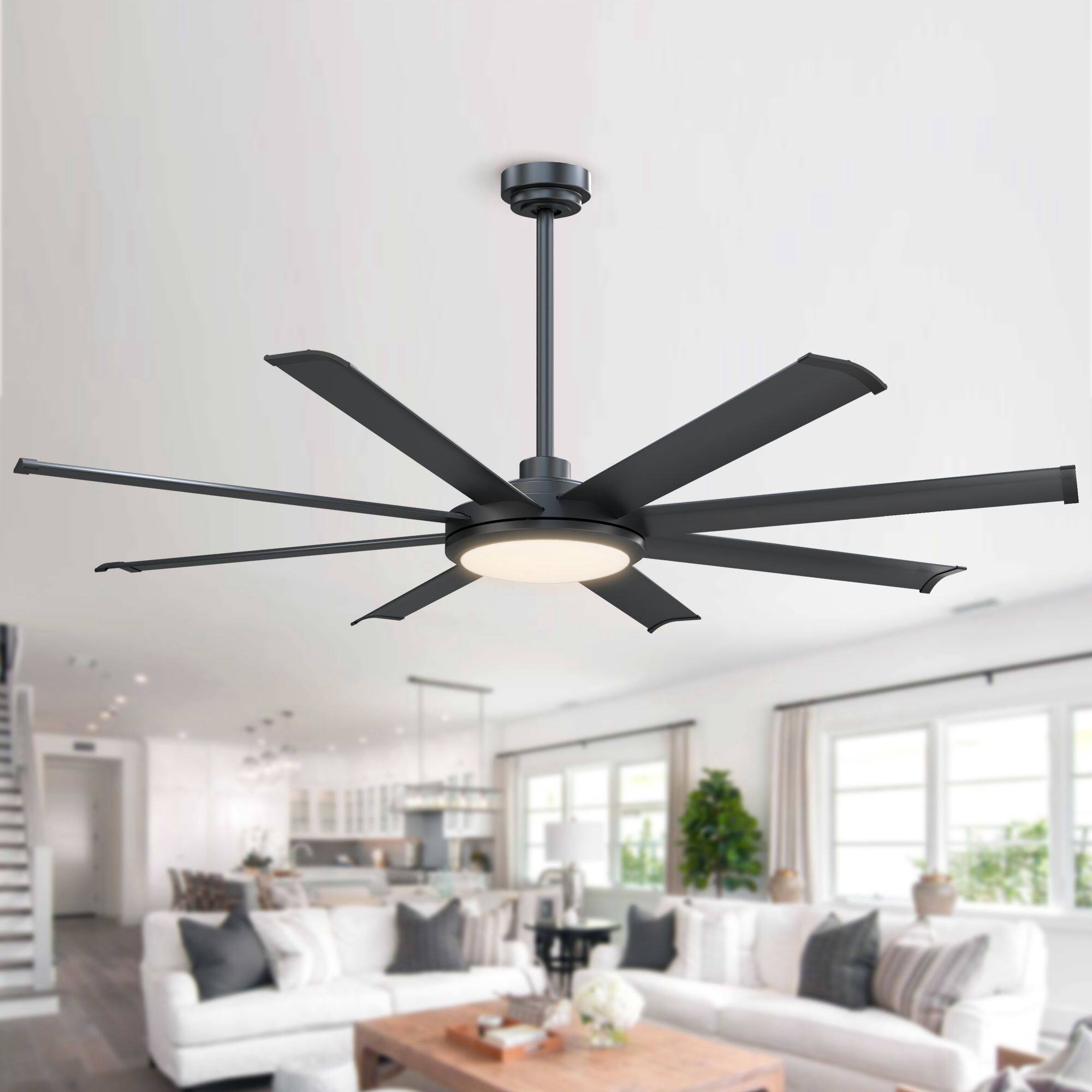 Alt View 2. Parrot Uncle - 60" Modern Matte Black LED Ceiling Fan with Light and Remote - Black.