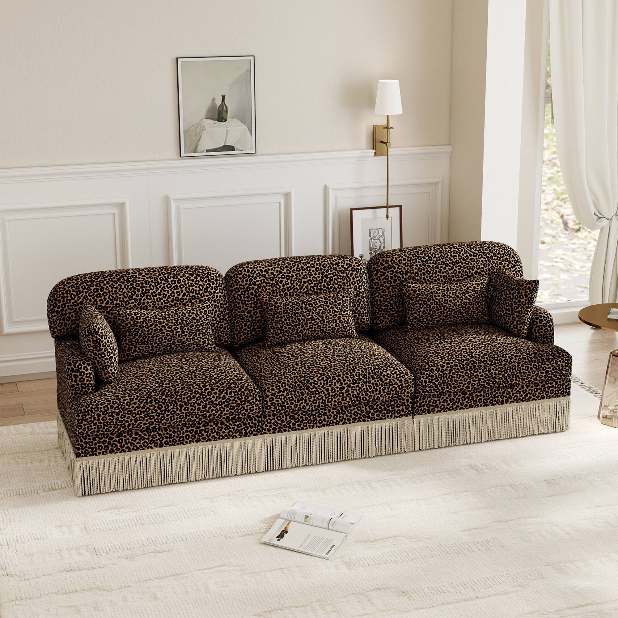 Angle. Anysun - 100" Chenille Leopard Print 3-Seater Sofa with Tassel Edge, Modular Sectional Couch, Ergonomic Deep Seat for Living Room - Brown.