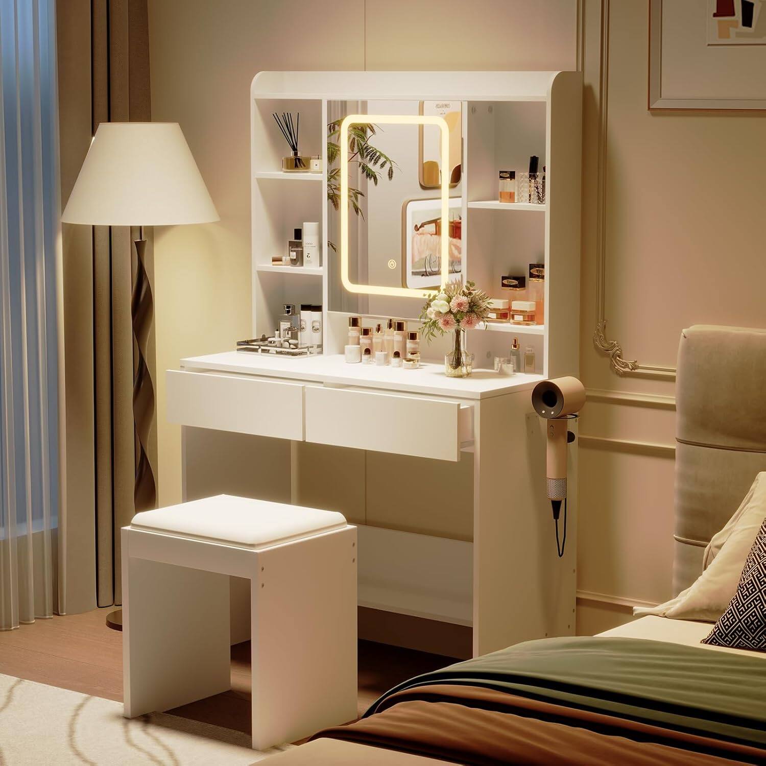 Alt View 1. GARVEE - Vanity Desk with Mirror and Lights, for Bedroom,Includes Padded Stool, Easy to Assemble, Storage Drawers, USB Outlets - white.