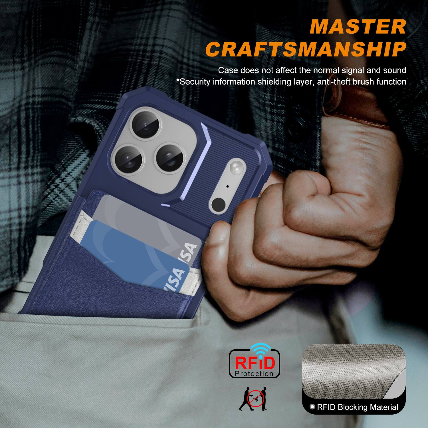 MASTER CRAFTSMANSHIP  
Case does not affect the normal signal and sound  
*Security information shielding layer, anti-theft brush function  
ISA RFID Protection  
RFID Blocking Material