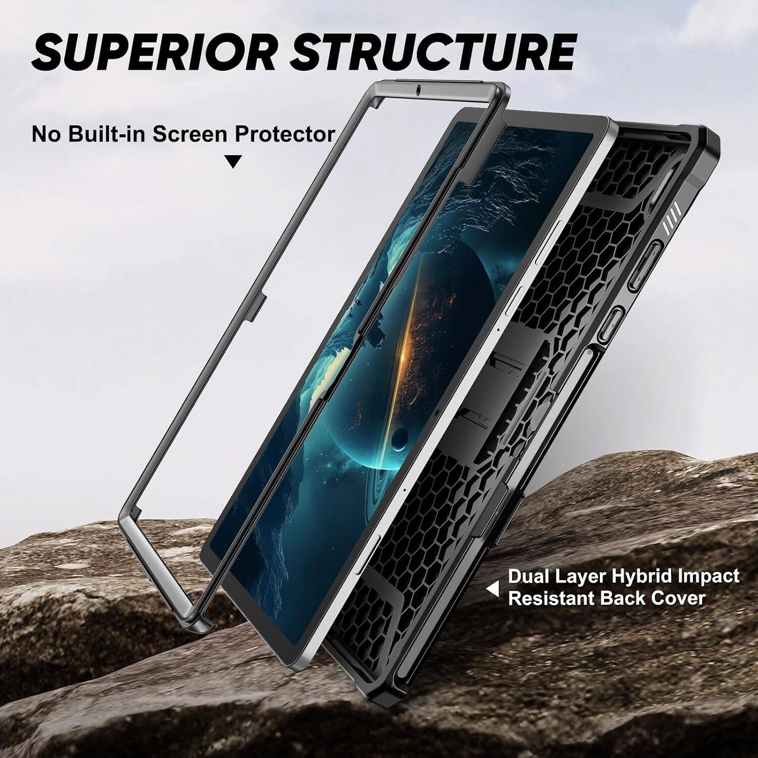 SUPERIOR STRUCTURE  
No Built-in Screen Protector  
Dual Layer Hybrid Impact Resistant Back Cover