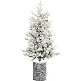 BreeBe - 4.5FT Flocked Christmas Tree with Pot Base - White,Green