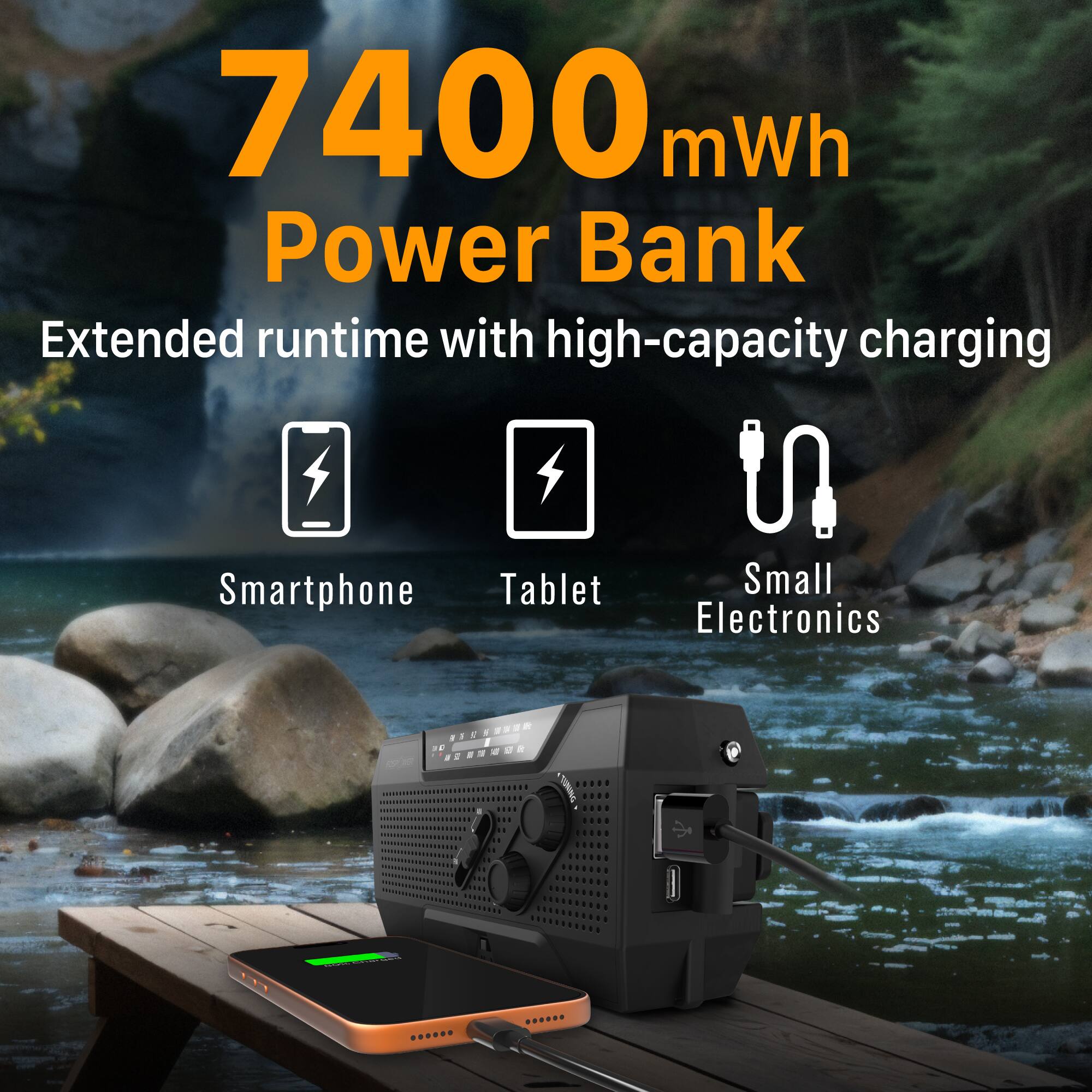 7400 mWh Power Bank  
Extended runtime with high-capacity charging  
Smartphone  
Tablet  
Small Electronics