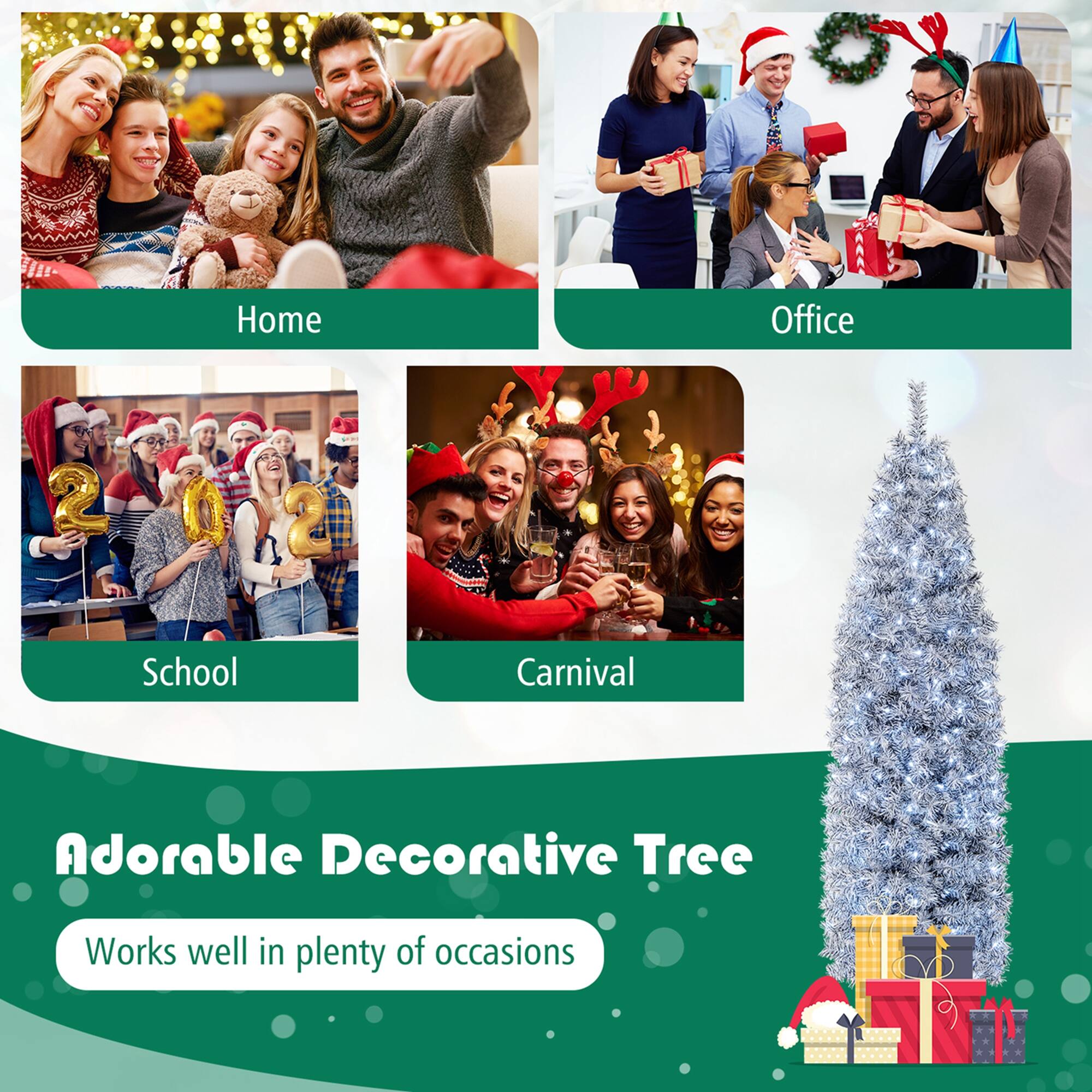 The text on the image is grouped and corrected as follows:

* Home
* Office
* School
* Carnival
* Adorable Decorative Tree
* Works well in plenty of occasions