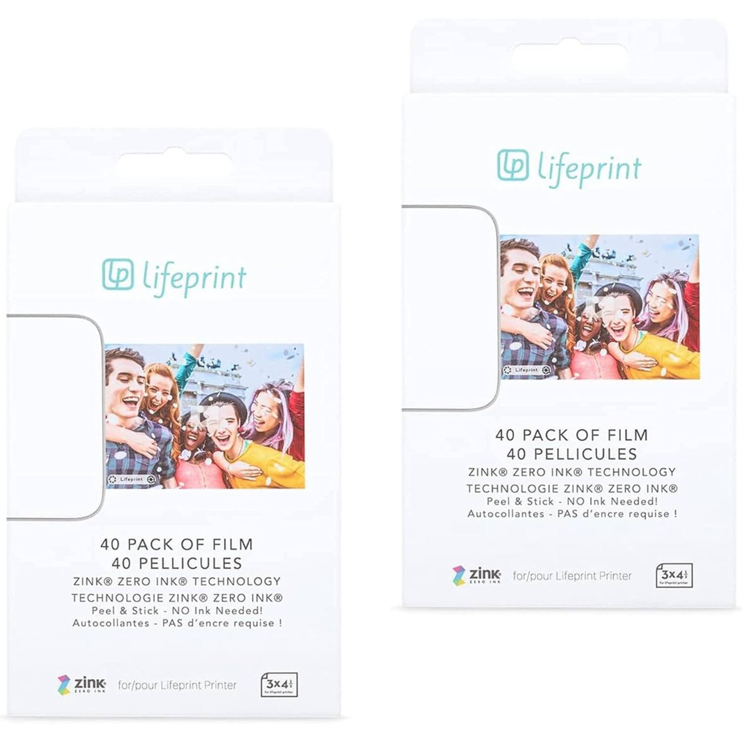 Lifeprint  
40 Pack of Film  
40 Pellicules  
Zink® Zero Ink® Technology  
Technologie Zink® Zero Ink®  
Peel & Stick - No Ink Needed!  
Autocollantes - PAS d'encre requise!  
For/pour Lifeprint Printer 3x4"  
Zink®