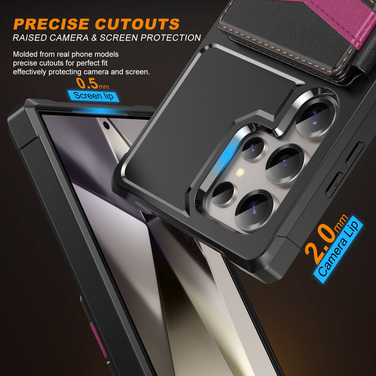 PRECISE CUTOUTS  
RAISED CAMERA & SCREEN PROTECTION  

Molded from real phone models, precise cutouts for perfect fit, effectively protecting camera and screen.  

0.5mm Screen Lip  
2.0mm Camera Lip