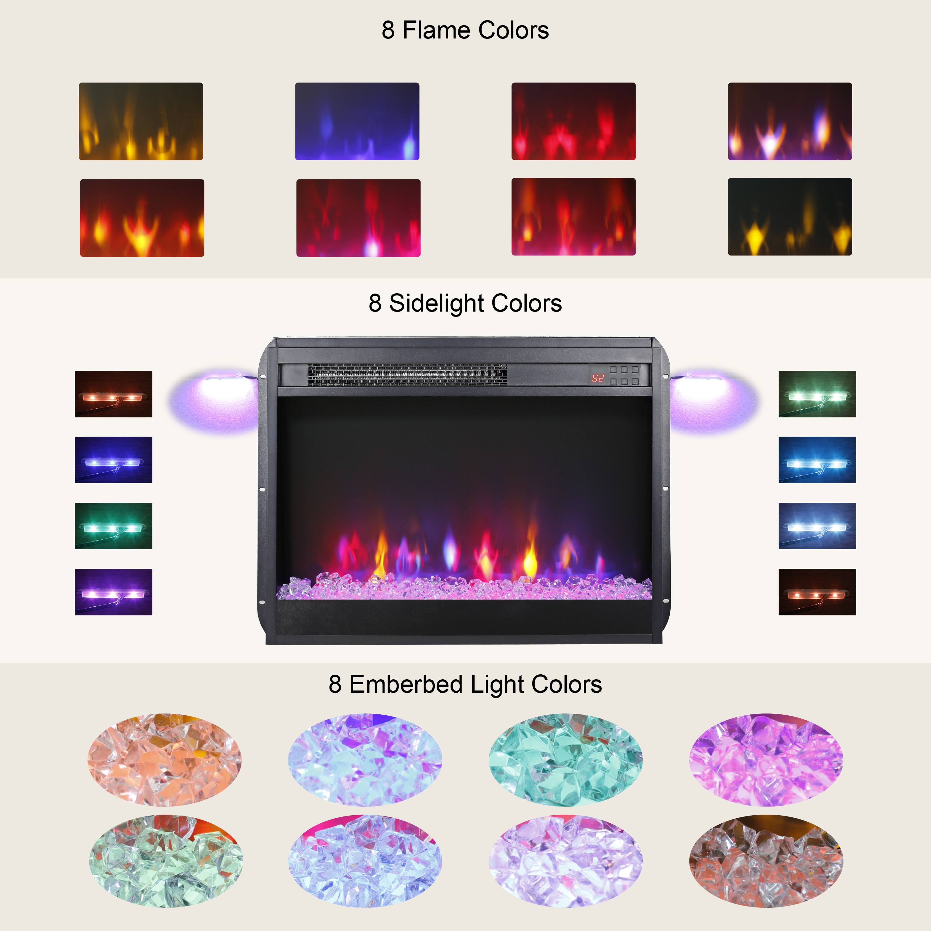 8 Flame Colors

8 Sidelight Colors

8 Emberbed Light Colors