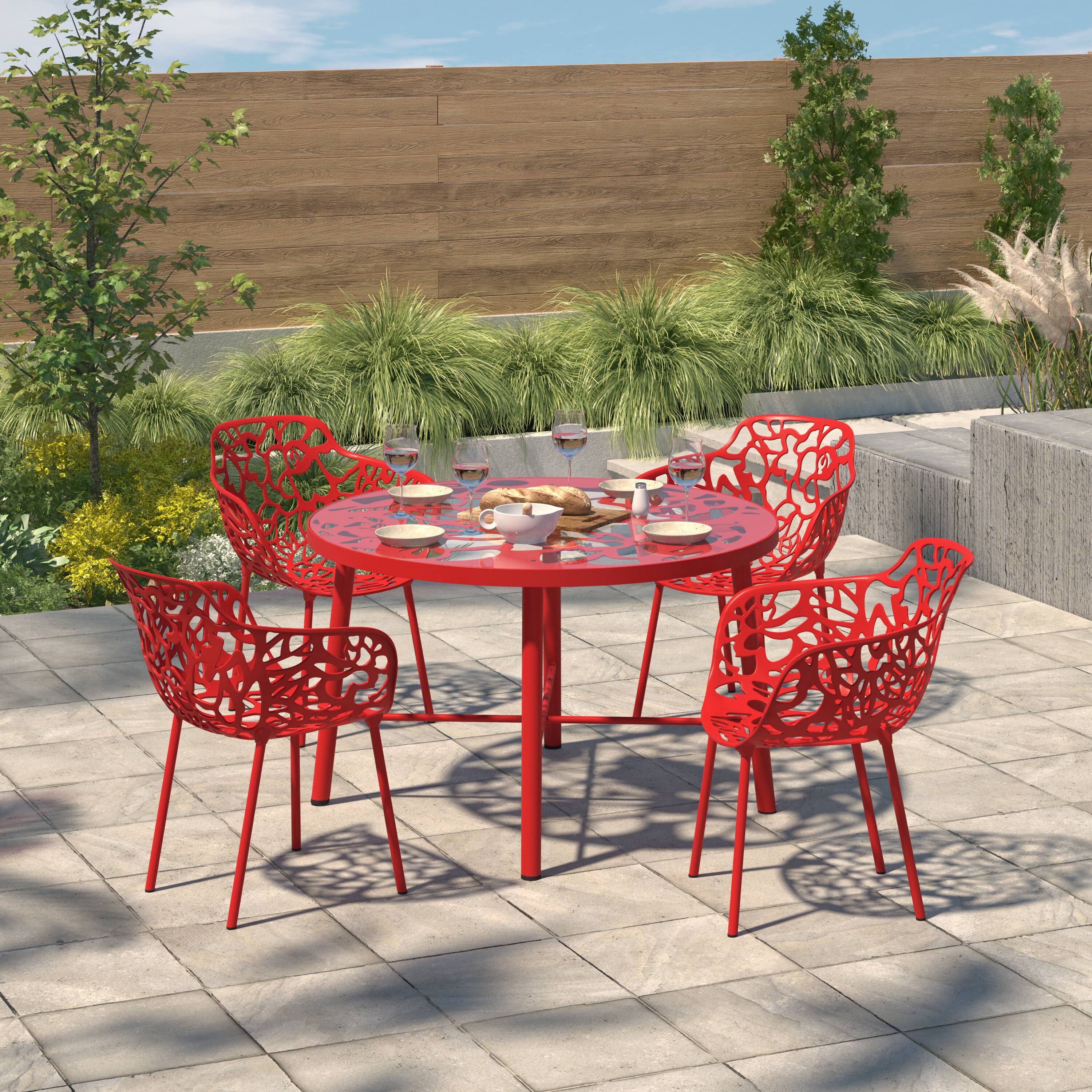 Angle. LeisureMod - Devon (Set of 4) Aluminum Outdoor Dining Chair - UV & Rust Resistant Stackable Floral Accent Chair - Red.