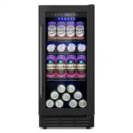 HOOURE - 15 in. Single Zone Built-in/Freestanding 128-Cans Beverage Cooler with Adjustable Shelf - Black