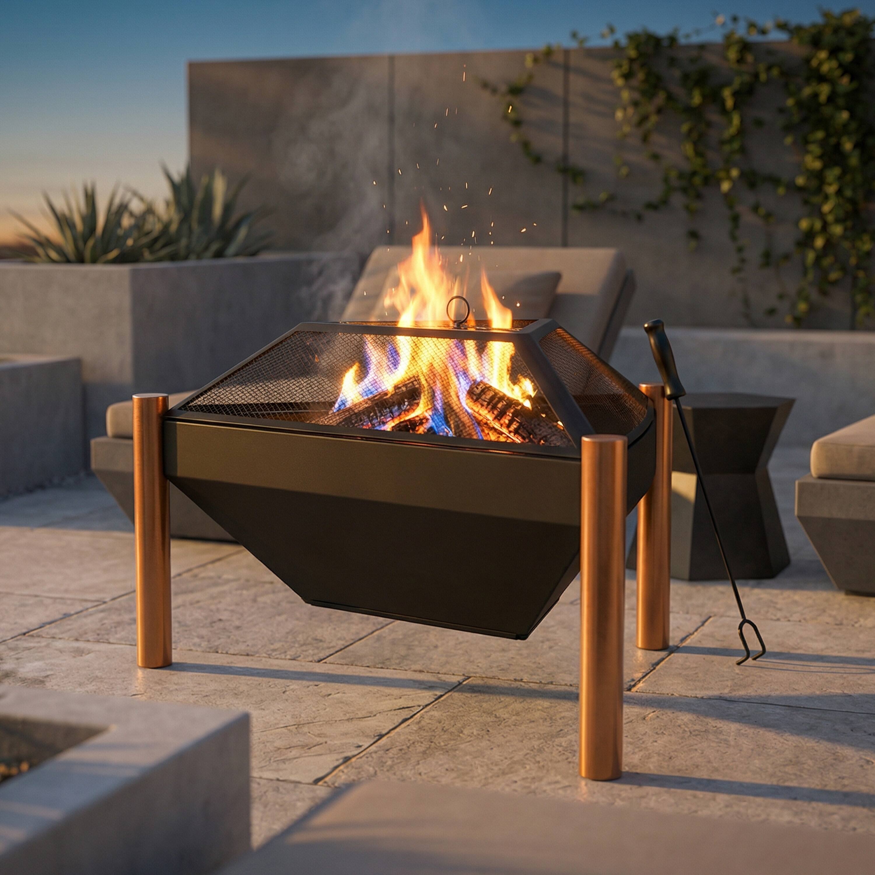 Alt View 1. Sunnydaze - 31 in Triangle Steel Fire Pit Table with Grate, Poker, and Screen - Black.