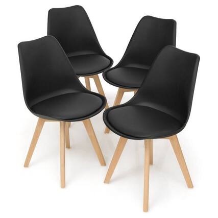 Front. SlickBlue - Mid-Century Style Dining Chairs Set of 4 with Wood Legs and PU Leather - Black.