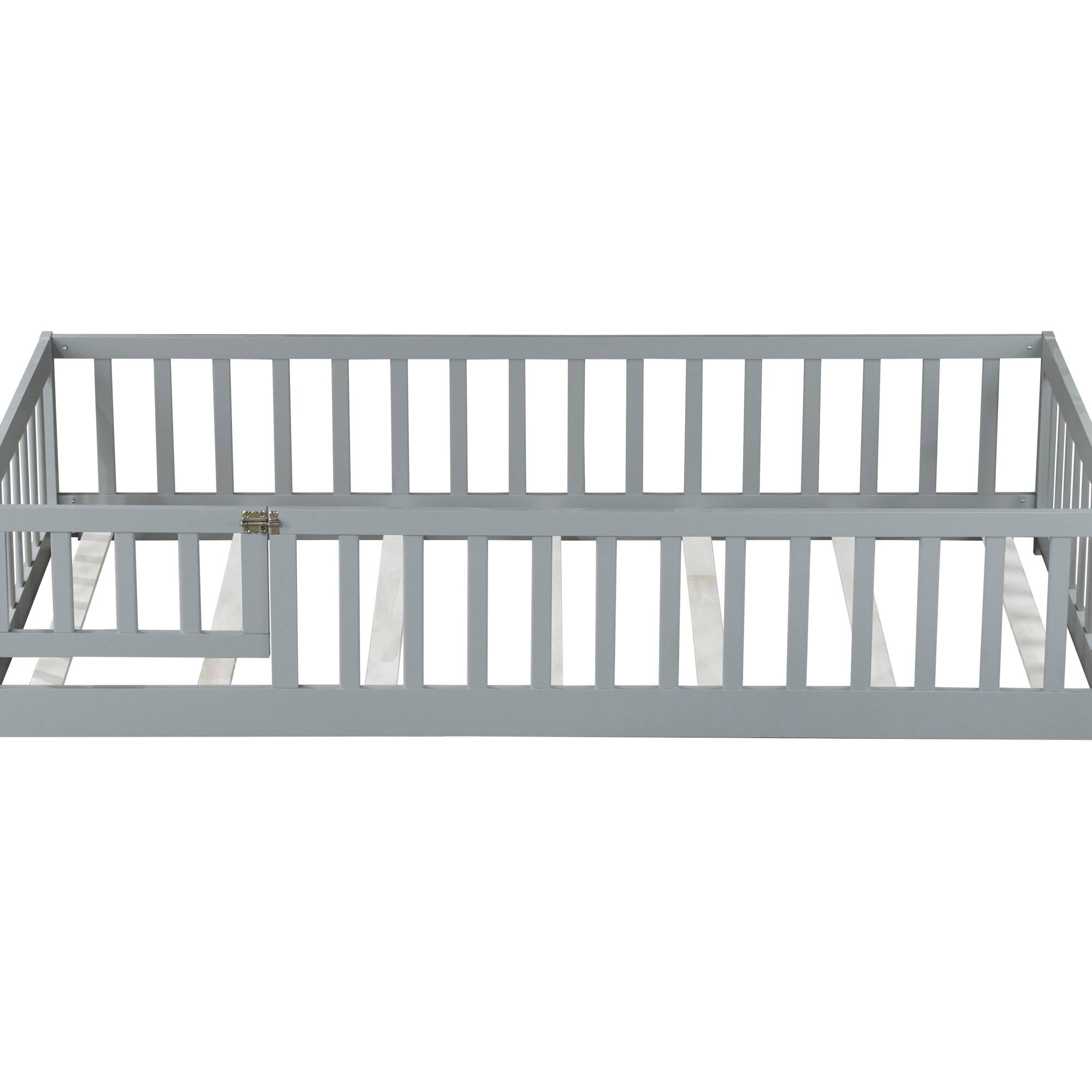 Alt View 9. GOODSILO - Twin Size Low-Profile Children's Floor Bed with Safety Guardrails and Entry Door, Natural Wood Finish - Grey.