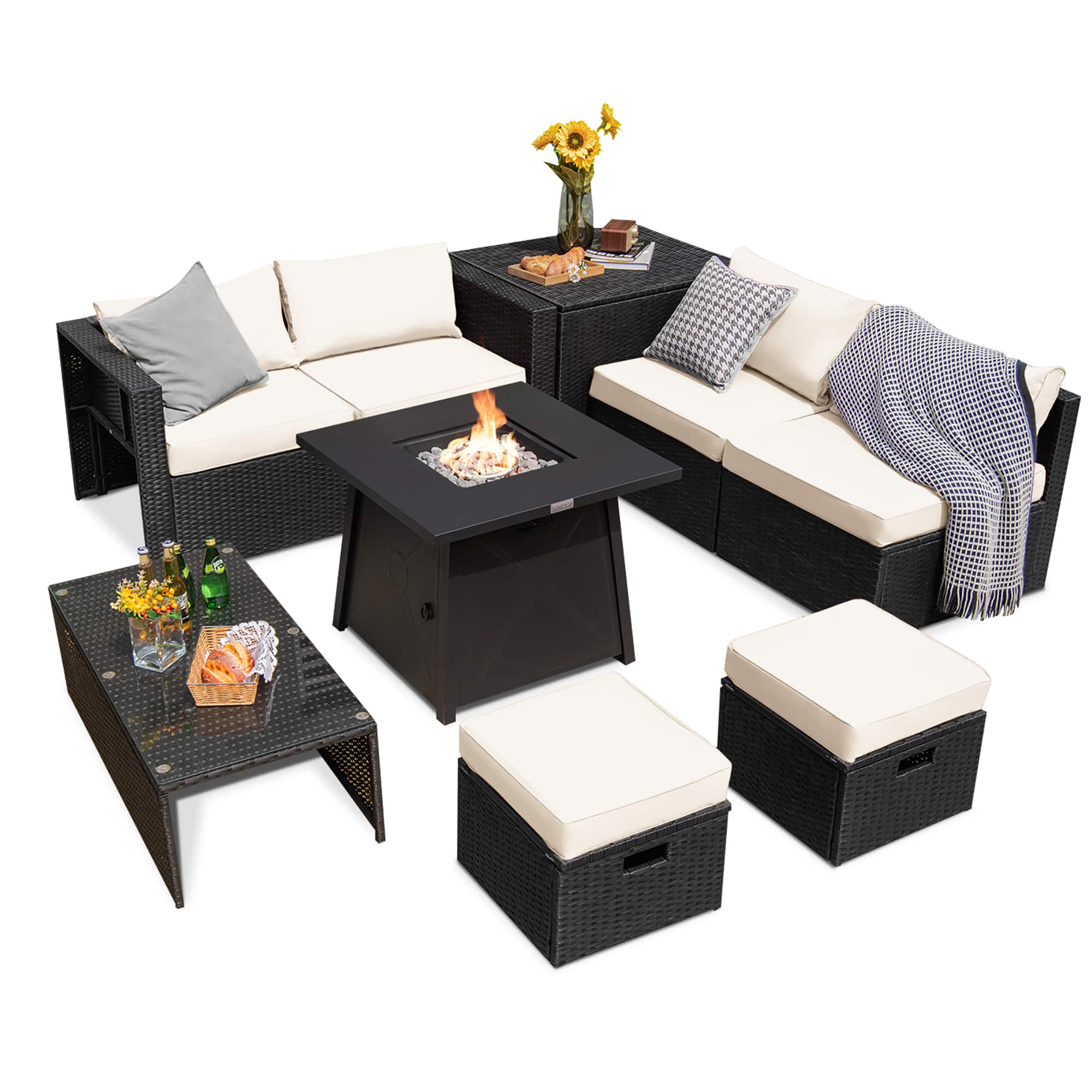 Costway - 9PCS Patio Rattan Furniture Set Fire Pit Space-saving W/Cover Cushion cover - Off White