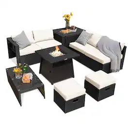 Costway - 9PCS Patio Rattan Furniture Set Fire Pit Space-saving W/Cover Cushion cover - Off White