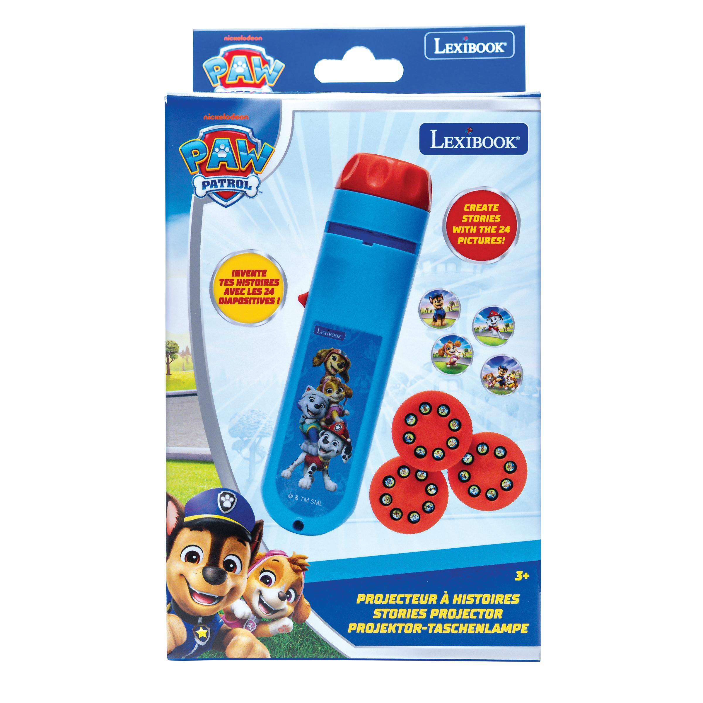 nickelodeon PAW PATROL  
LEXIBOOK  
CREATE STORIES WITH THE 24 PICTURES!  
INVENTE TES HISTOIRES AVEC LES 24 DIAPOSITIVES  
LEXIBOOK  
to MT 5ML  
3+ PROJECTEUR HISTOIRES STORIES PROJECTOR PROJEKTOR-TASCHENLAMPE