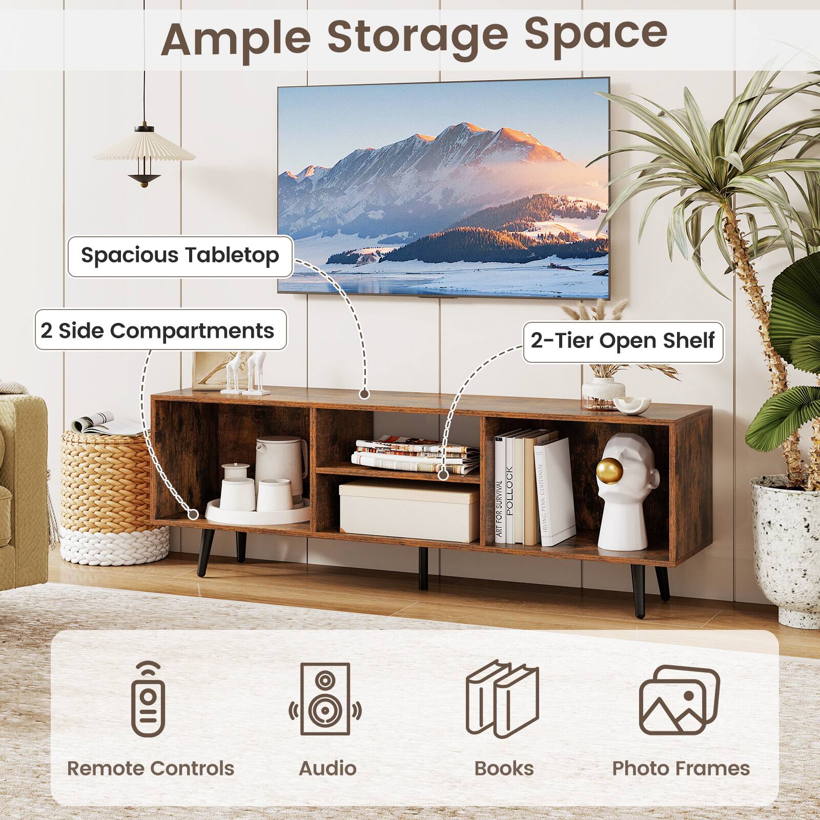 Ample Storage Space: Spacious Tabletop, 2 Side Compartments, 2-Tier Open Shelf.