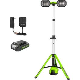 Greenworks - 24V Standing Light Kit, LED Tripod Light with 2Ah Battery and 2A Charger - Green