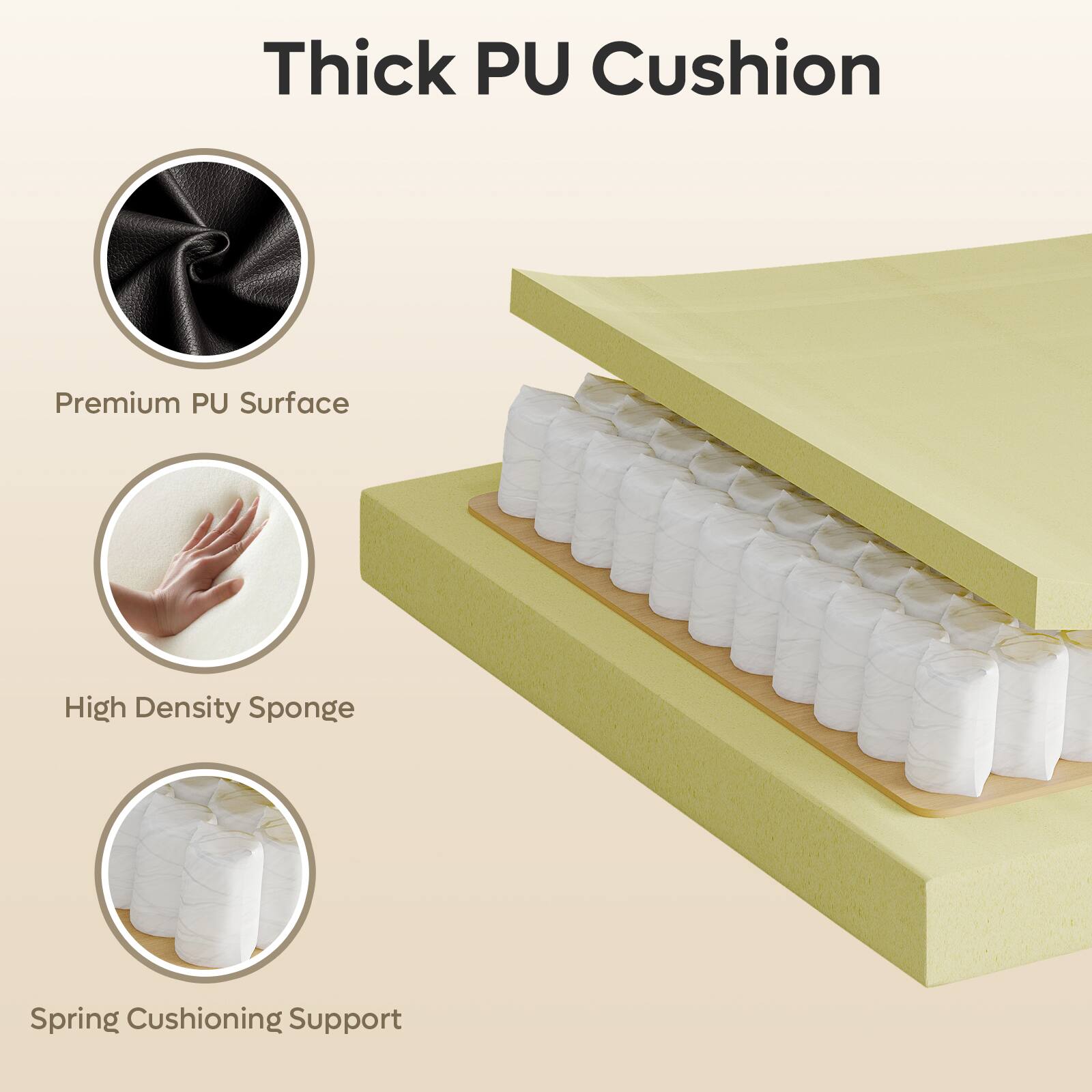 Thick PU Cushion

- Premium PU Surface
- High Density Sponge
- Spring Cushioning Support