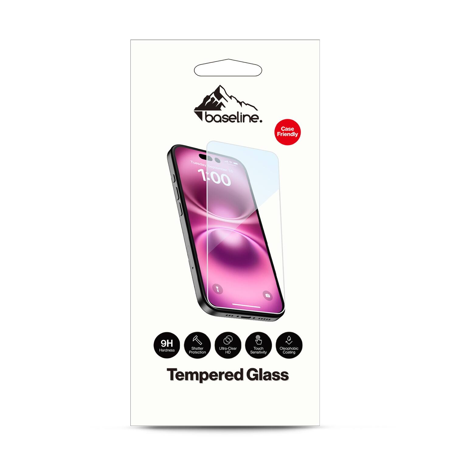 baseline.  
Case Friendly  
Tempered Glass  

- 9H Hardness  
- Shatter Protection  
- Ultra-Clear  
- Touch Sensitivity  
- Oleophobic Coating
