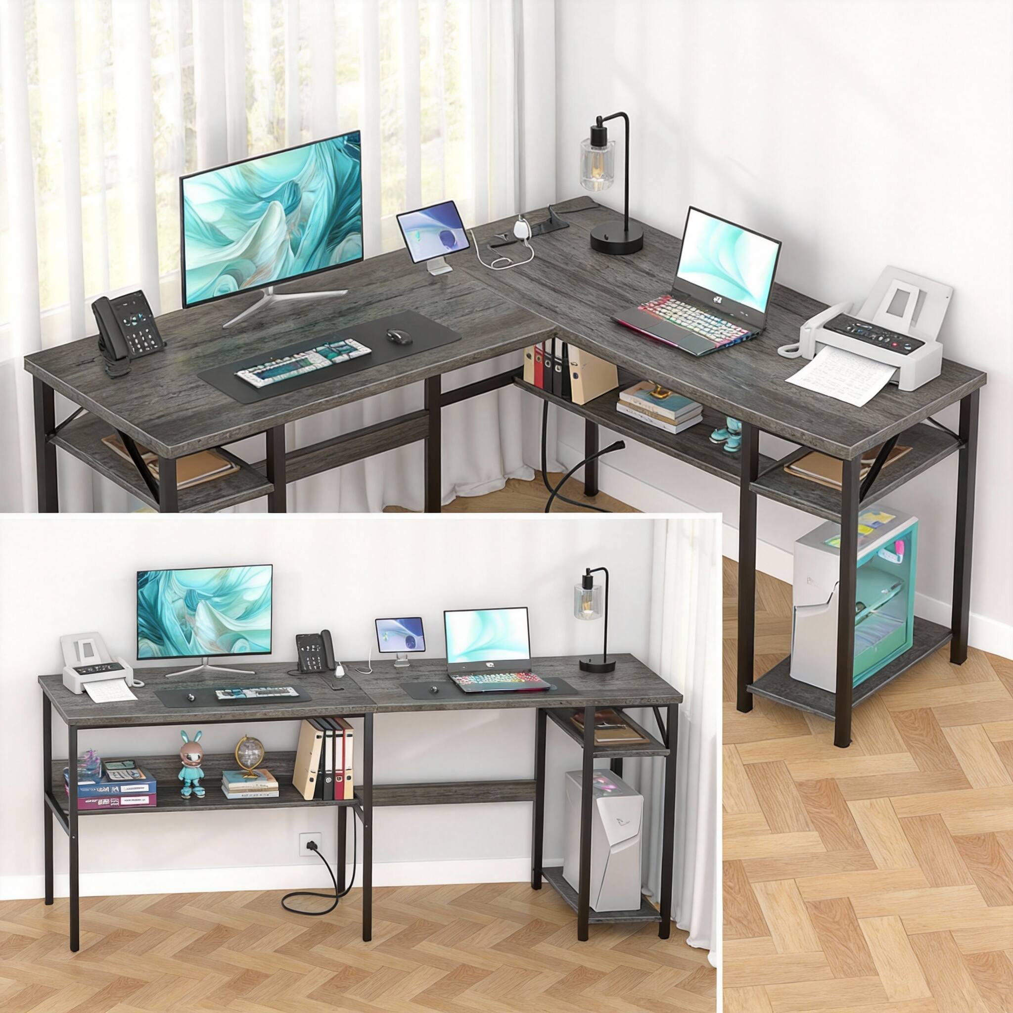 Alt View 3. Frangdom - Reversible L Gaming Desk with Outlets USB Shelf Corner Office - Gray Oak L Shaped Desk 3 configs 3 outlets 2 USBs.