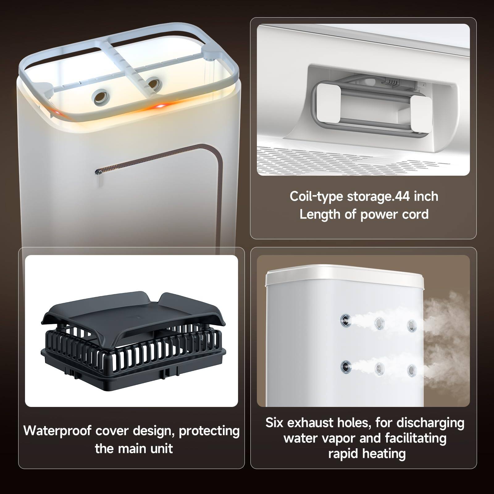- Coil-type storage. 44 inch Length of power cord
- Waterproof cover design, protecting the main unit
- Six exhaust holes, for discharging water vapor and facilitating rapid heating