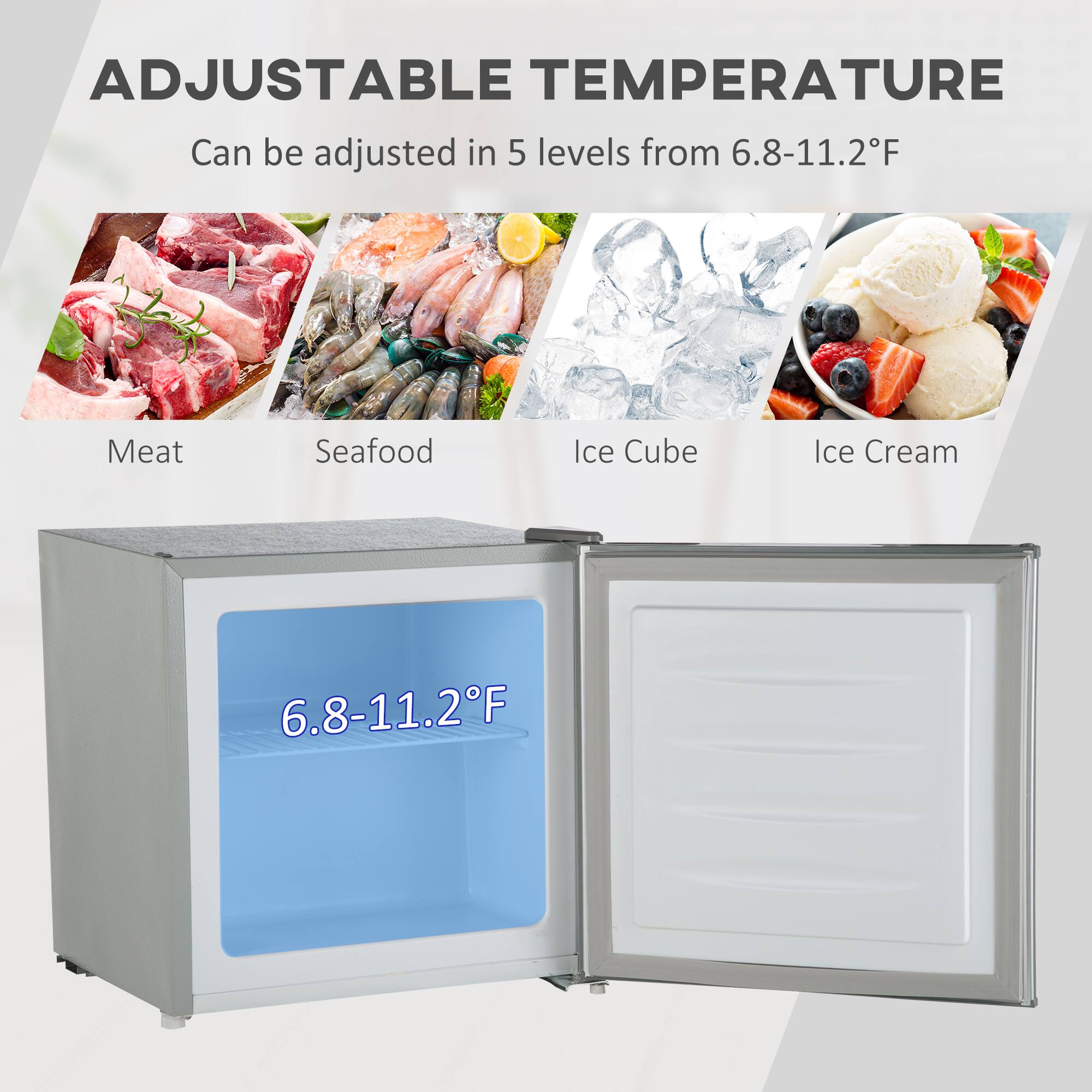 ADJUSTABLE TEMPERATURE  
Can be adjusted in 5 levels from 6.8-11.2°F  

Meat  
Seafood  
Ice Cube  
Ice Cream  

6.8-11.2°F