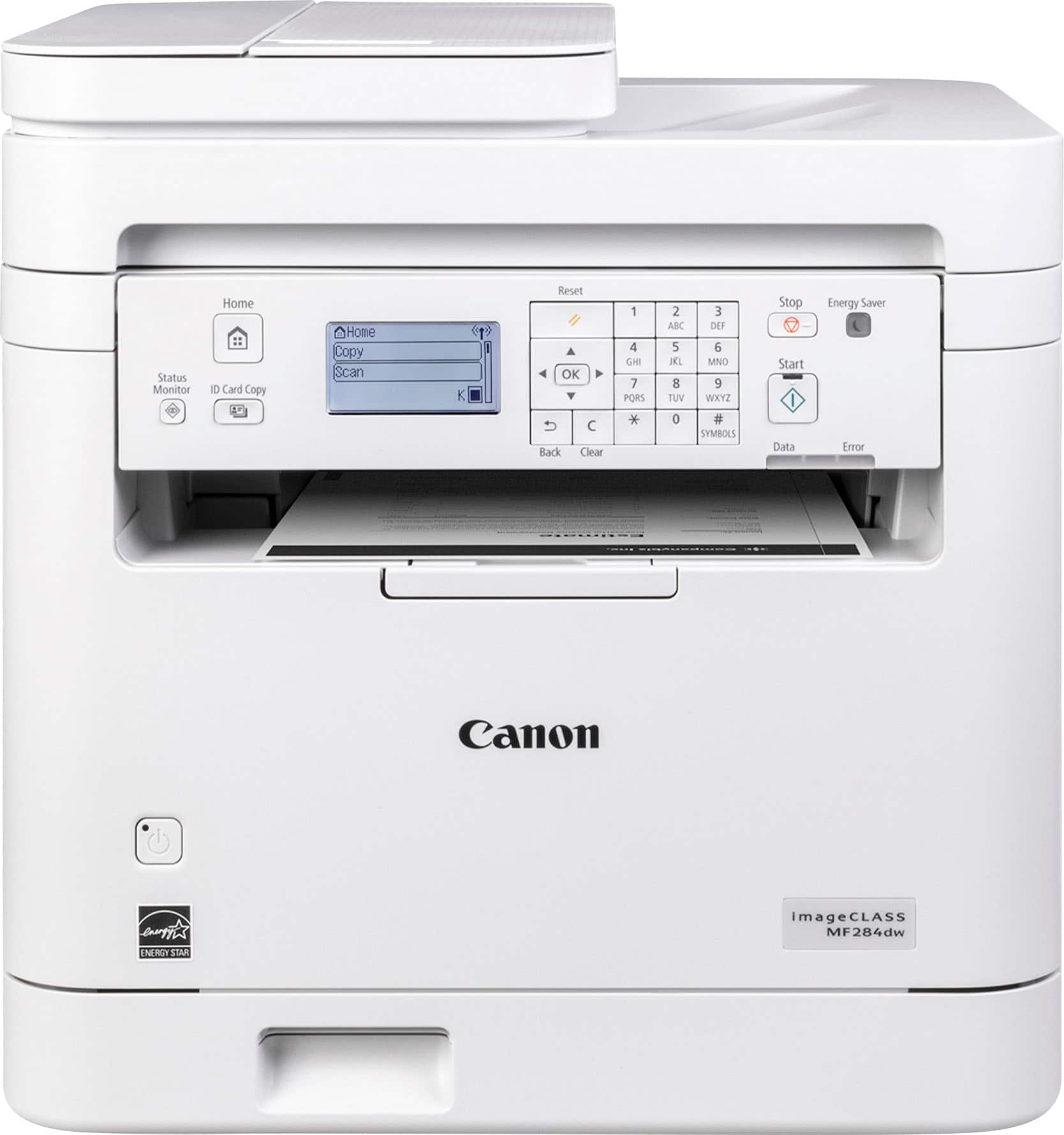 The image shows a Canon imageCLASS MF284dw printer with a calculator-like panel on the front. The panel has a number pad and various buttons, including a "Clear" button, a "Stop" button, and a "Start" button. The printer is white and appears to be a multifunction device, capable of printing, scanning, and copying documents.