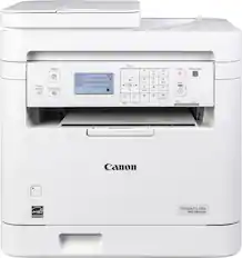 The image shows a Canon imageCLASS MF284dw printer with a calculator-like panel on the front. The panel has a number pad and various buttons, including a "Clear" button, a "Stop" button, and a "Start" button. The printer is white and appears to be a multifunction device, capable of printing, scanning, and copying documents.