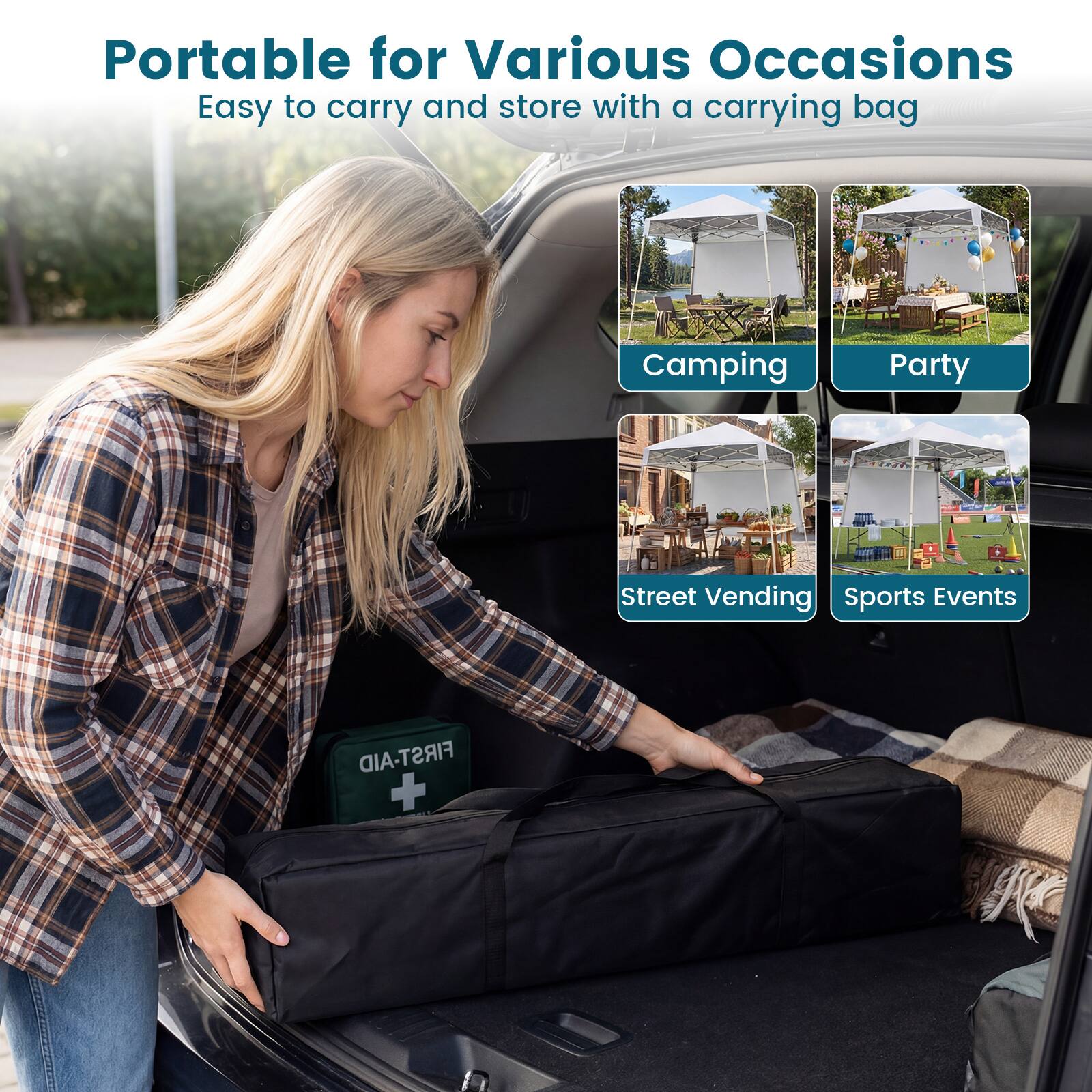 Portable for Various Occasions  
Easy to carry and store with a carrying bag  

- Camping  
- Party  
- Street Vending  
- Sports Events  

FIRST-AID