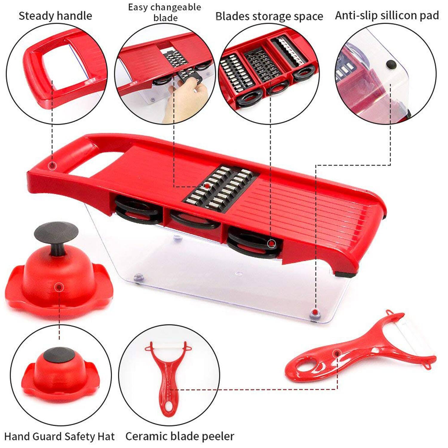 Steady handle, Easy changeable blade, Blades storage space, Anti-slip silicon pad, Hand Guard Safety Hat, Ceramic blade peeler