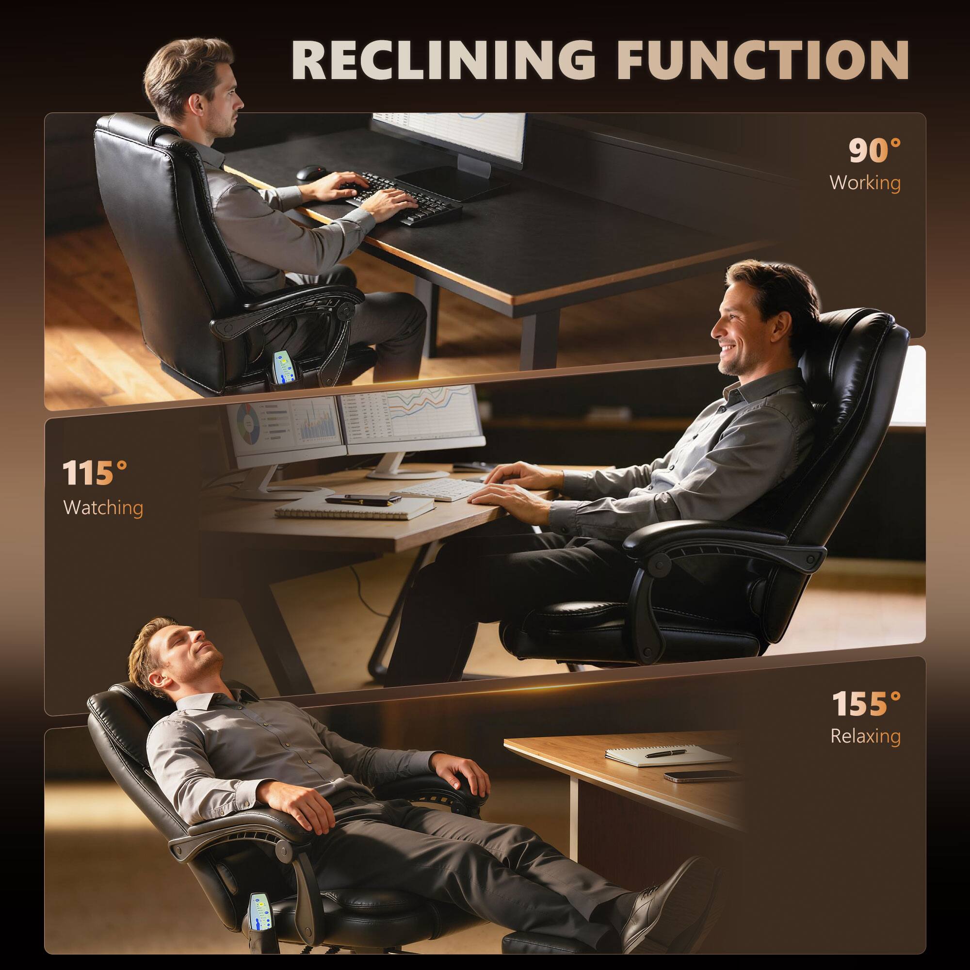 RECLINING FUNCTION

90° Working  
115° Watching  
155° Relaxing