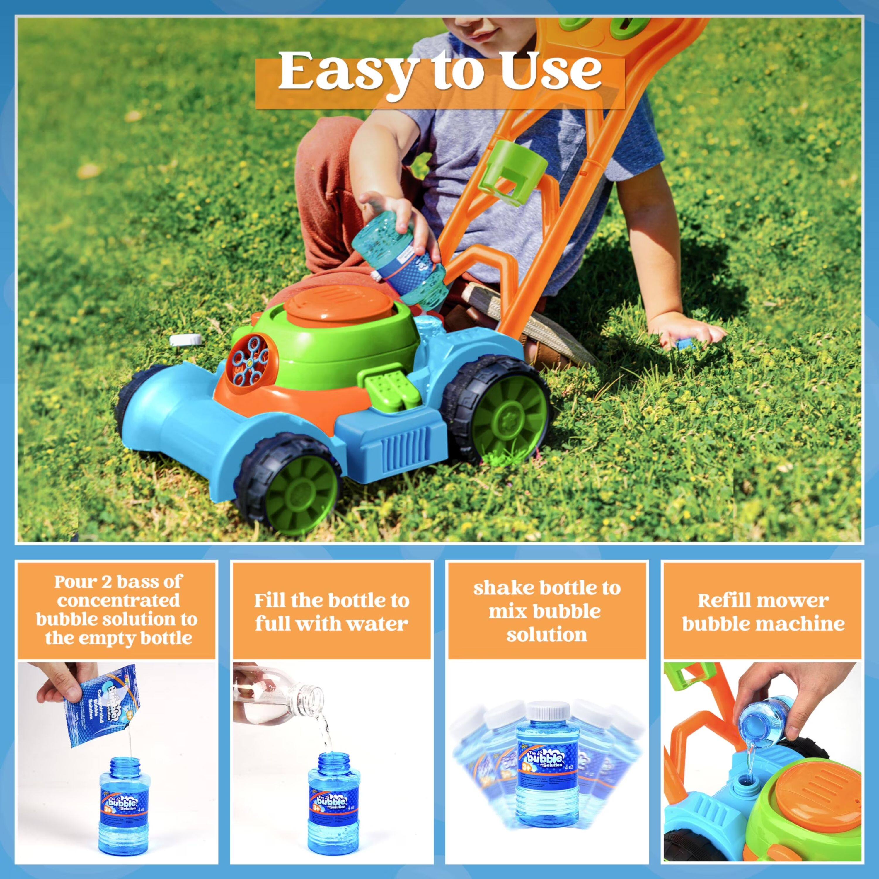 Easy to Use

Pour 2 bass of concentrated bubble solution to the empty bottle

Fill the bottle to full with water

shake bottle to mix bubble solution

Refill mower bubble machine