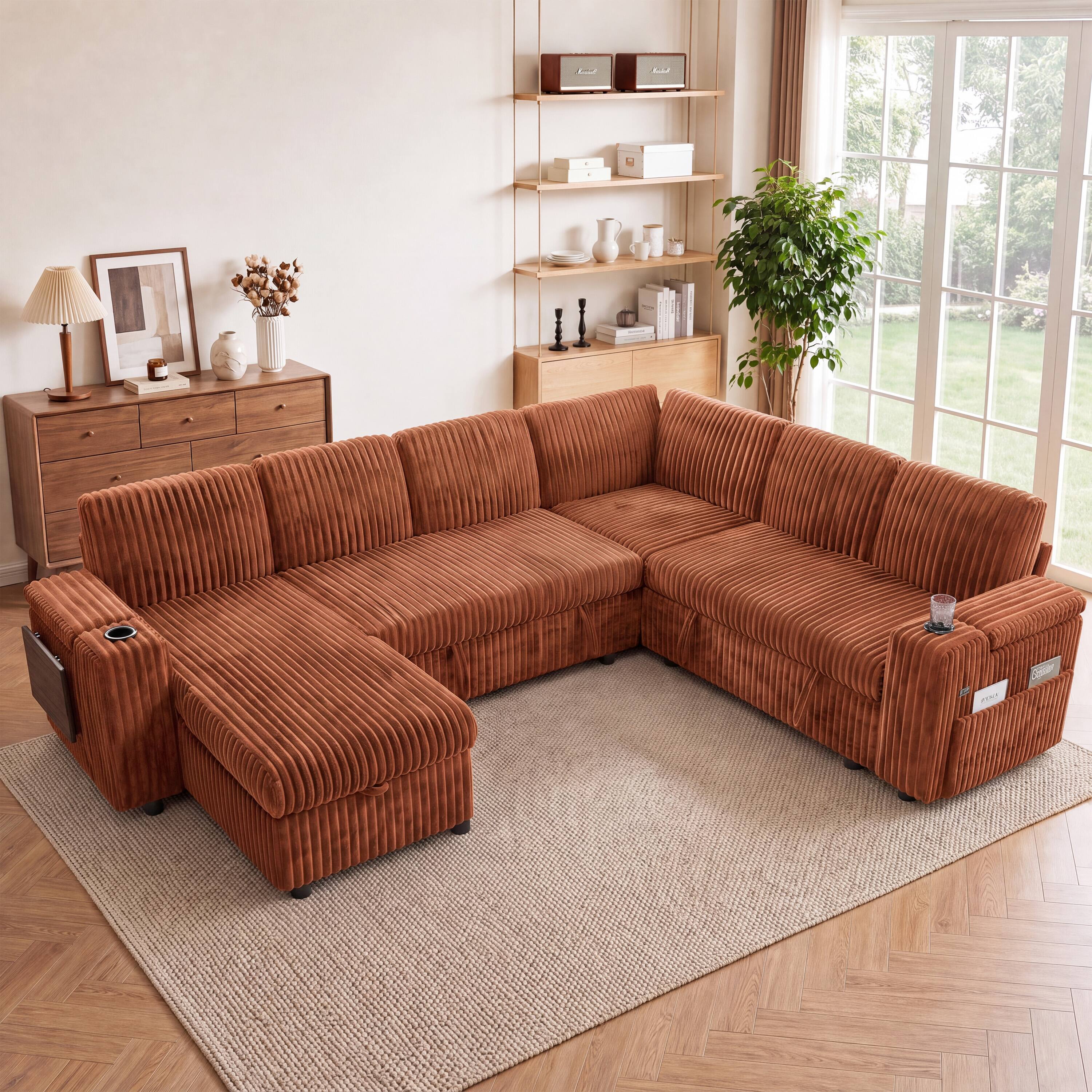 Angle. Dyonery - 110" Corduroy Sectional Sleeper Sofa with Pull Out Bed, 7-Seat Couch with Storage/USB Ports/Cup Holders/Side Table - Orange.