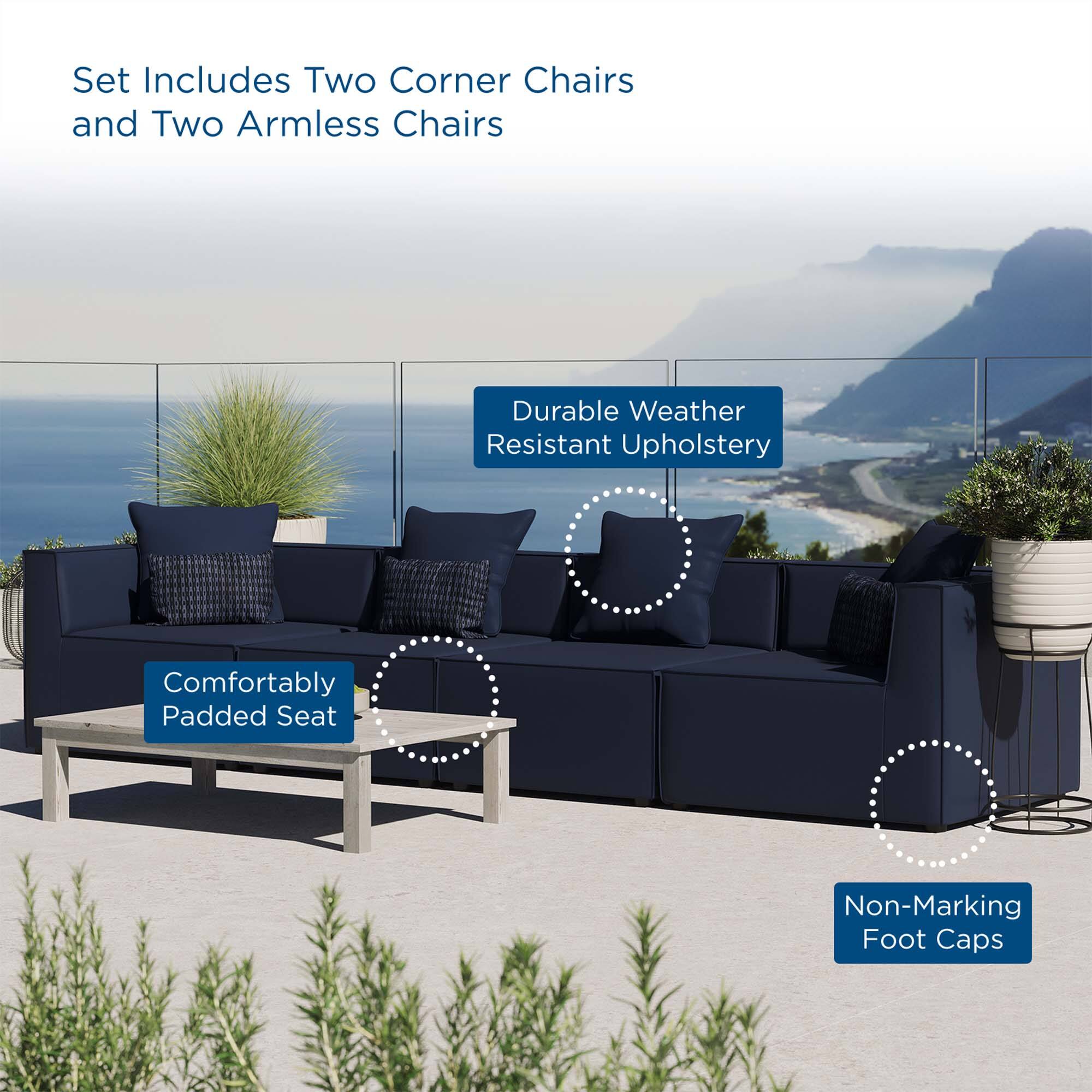 Set Includes Two Corner Chairs and Two Armless Chairs  
Durable Weather Resistant Upholstery  
Comfortably Padded Seat  
Non-Marking Foot Caps