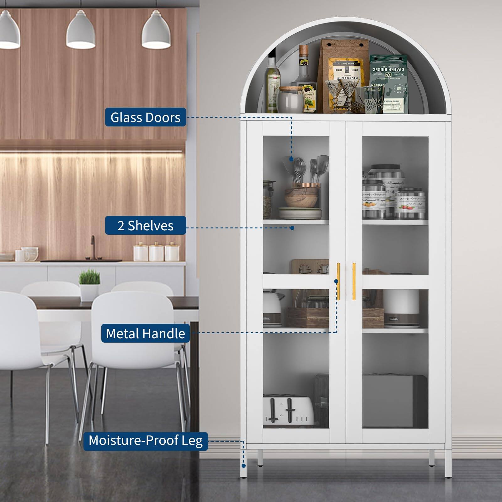 - Glass Doors
- 2 Shelves
- Metal Handle
- Moisture-Proof Leg