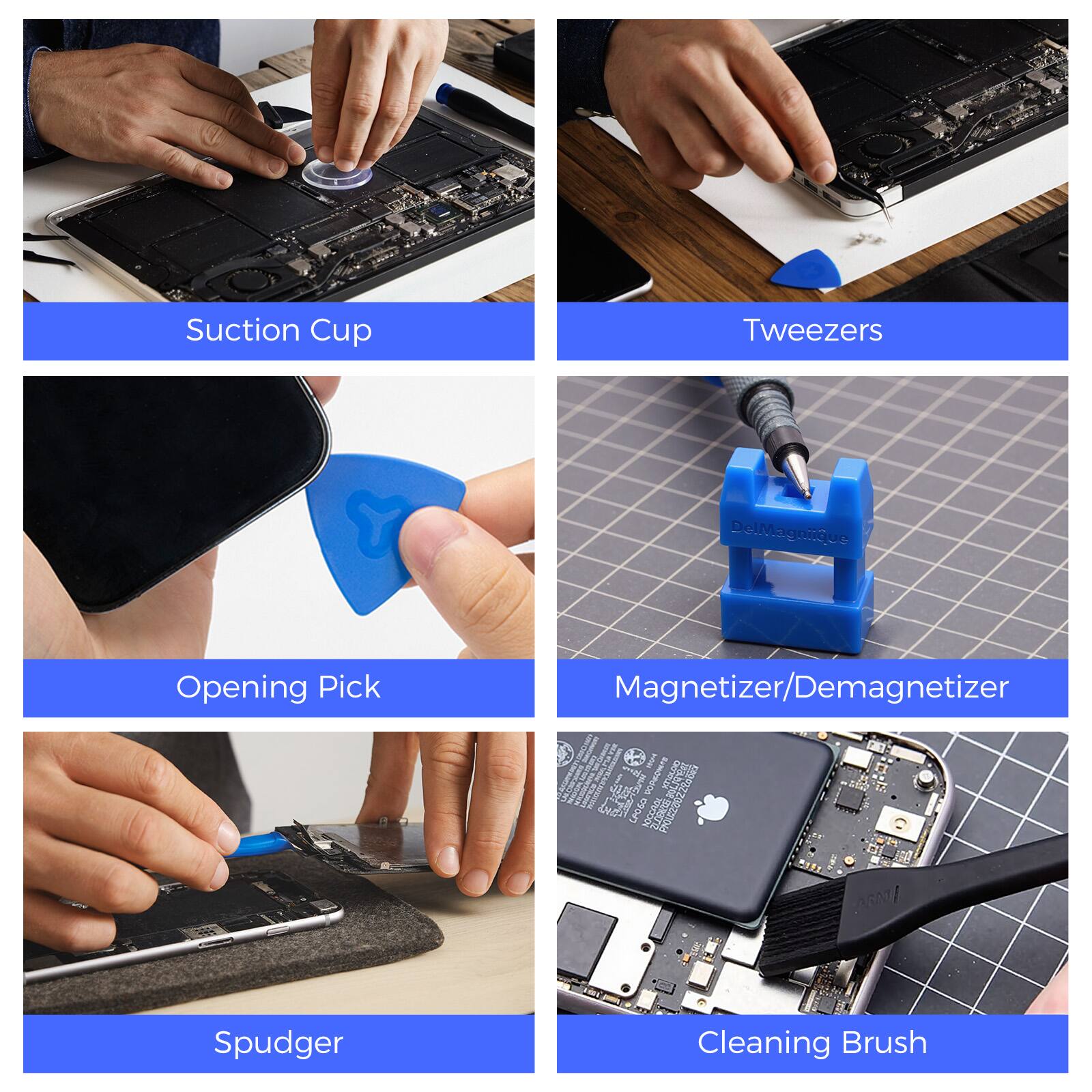 Suction Cup Tweezers, Opening Pick, Magnetizer/Demagnetizer, Spudger, Cleaning Brush