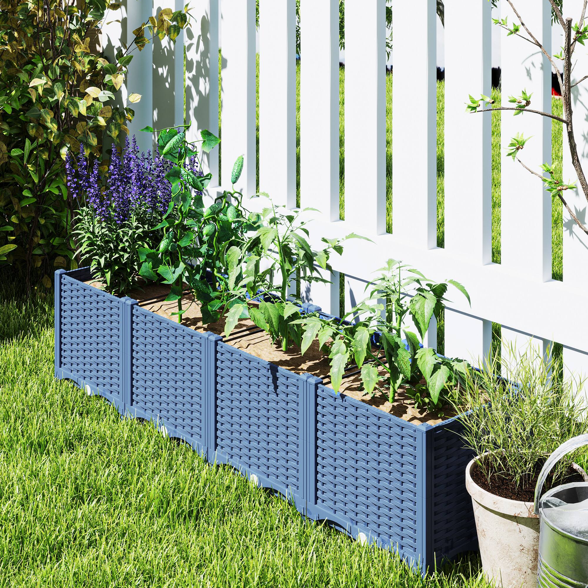 Alt View 8. Outsunny - 5 x 1 x 1 ft Raised Garden Bed, Indoor Outdoor Plastic Planter Box with Drainage Holes, Drain Plugs and Water Reservoirs - Blue.