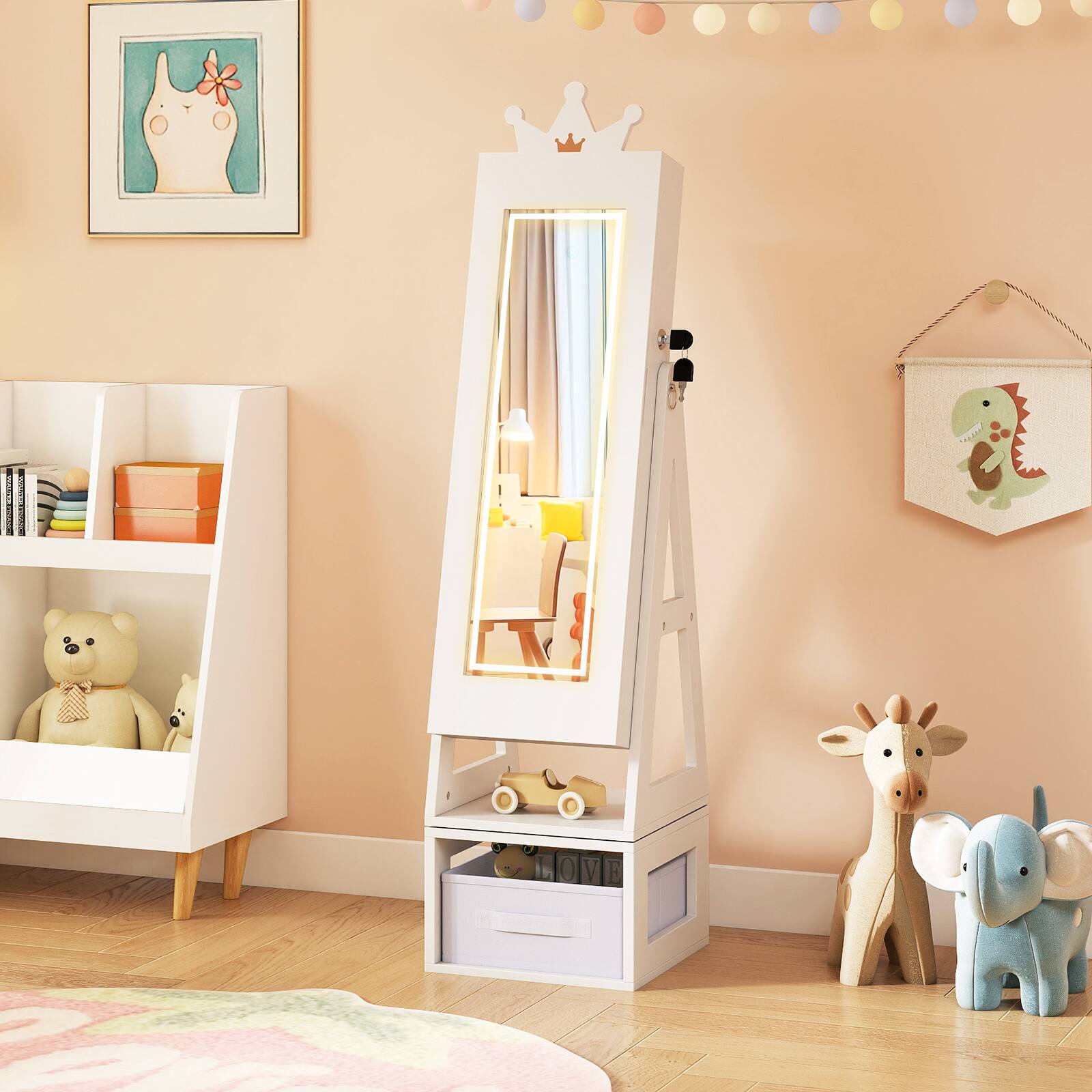 Alt View 3. Gymax - Gymax Swivel Kids Jewelry Cabinet w/ Lights Full-Length Mirror & Built-in Mirror - White.