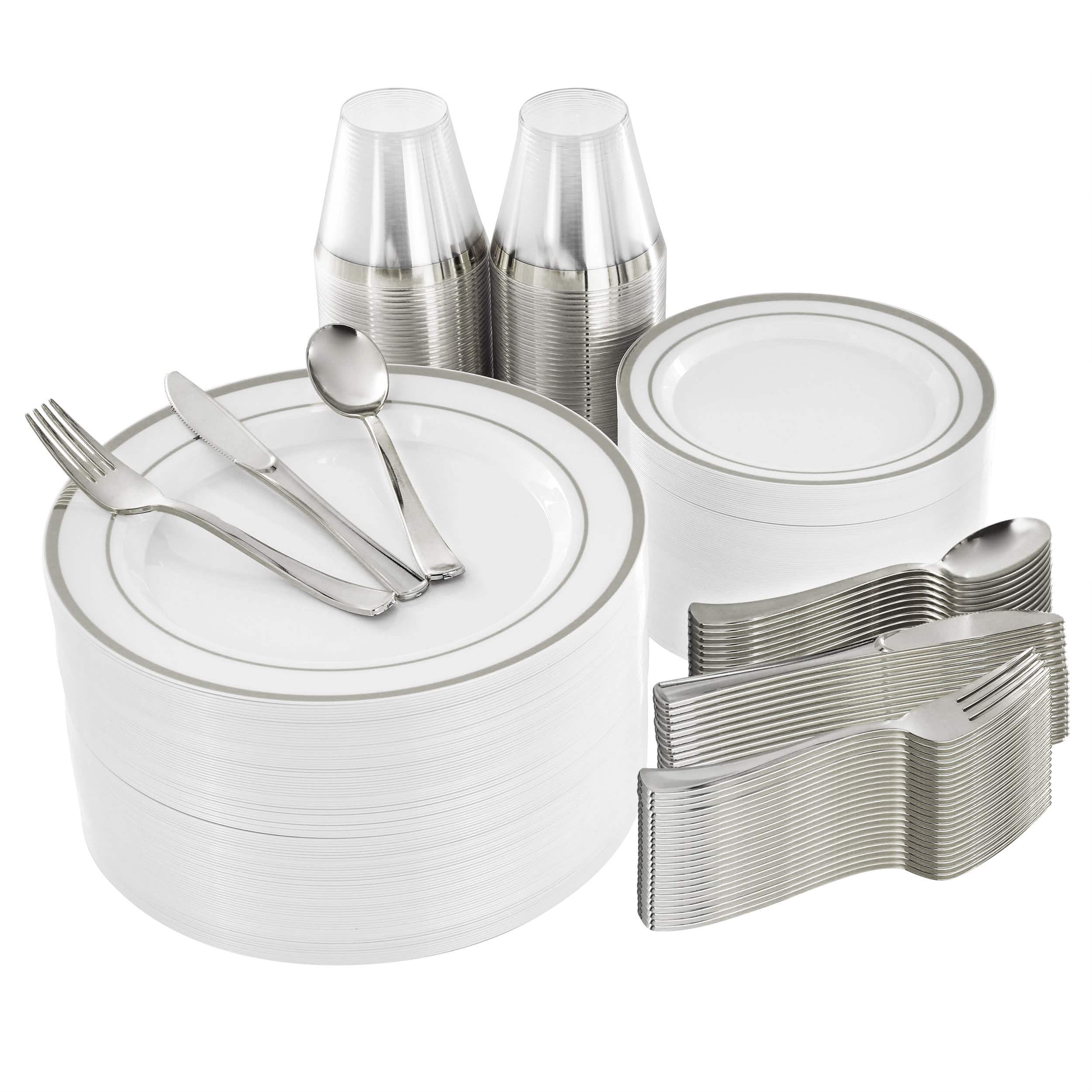 Elama - 600 Piece Disposable Plastic Dinnerware Party Set for 100 Guests with Silver Trim - White