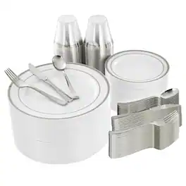 Elama - 600 Piece Disposable Plastic Dinnerware Party Set for 100 Guests with Silver Trim - White