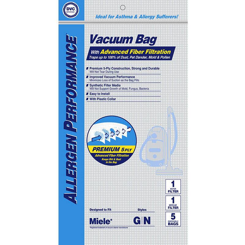 DVC BRAND  
Ideal for Asthma & Allergy Sufferers!  

Vacuum Bag  
With Advanced Fiber Filtration  
Traps up to 100% of Dust, Pet Dander, Mold & Pollen  

Premium 5-Ply Construction, Strong and Durable  
Will Not Tear During Use  
Improved Vacuum Performance  
Minimizes Loss of Suction as the Bag Fills  
Synthetic Filter Media  
Will Not Support Growth of Mold, Fungus, Bacteria  
Easy to Install  
With Plastic Collar  

PREMIUM 5PLY  
Advanced Fiber Filtration  
Keeps Dirt & Dust in the Bag  

Designed to Fit  
Miele*  
Styles  
G N  

1 MOTOR FILTER  
1 MICRO-AR FILTER  
5 DISPOSABLE BAGS  

*Trademark of Miele Canada Limited