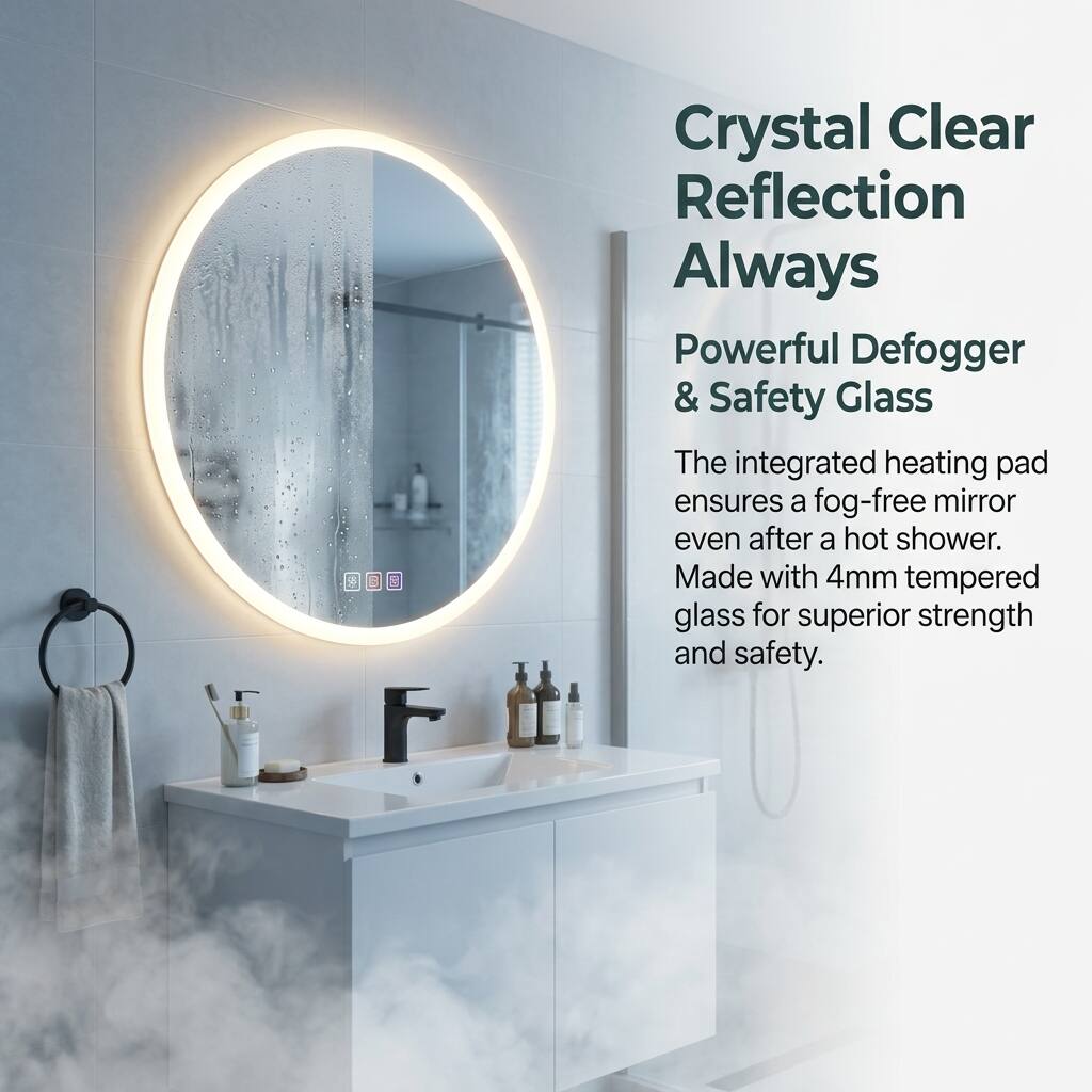 Crystal Clear Reflection Always  
Powerful Defogger & Safety Glass  

The integrated heating pad ensures a fog-free mirror even after a hot shower.  
Made with 4mm tempered glass for superior strength and safety.