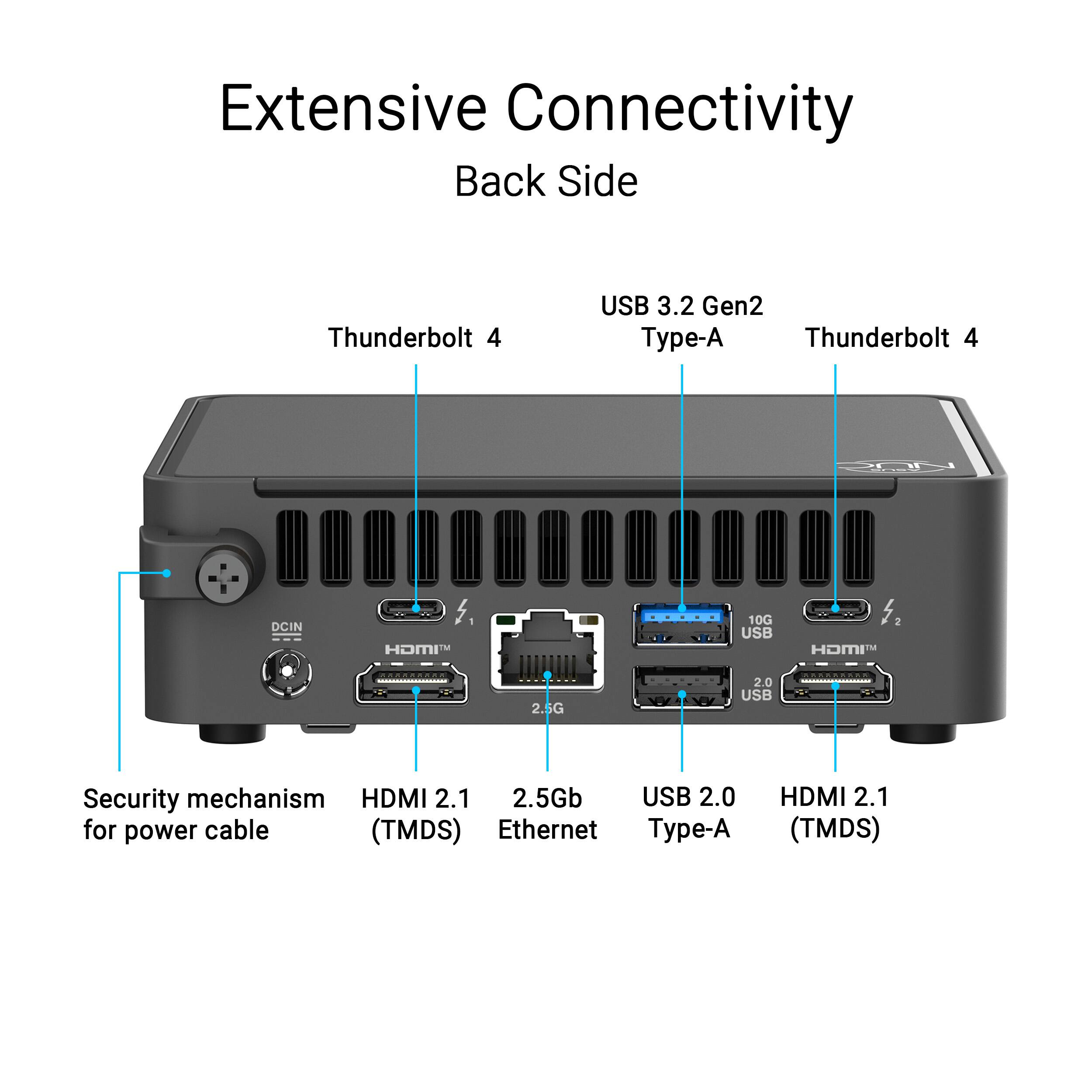 Extensive Connectivity Back Side Thunderbolt 4 USB 3.2 Gen2 Type-A Thunderbolt 4 USB 5.2 HOMI 10G USB 2.6G 2.0 USB Security mechanism HDMI 2.1 2.5Gb USB 2.0 for power cable (TMDS) Ethernet Type-A HDMI 2.1 (TMDS)