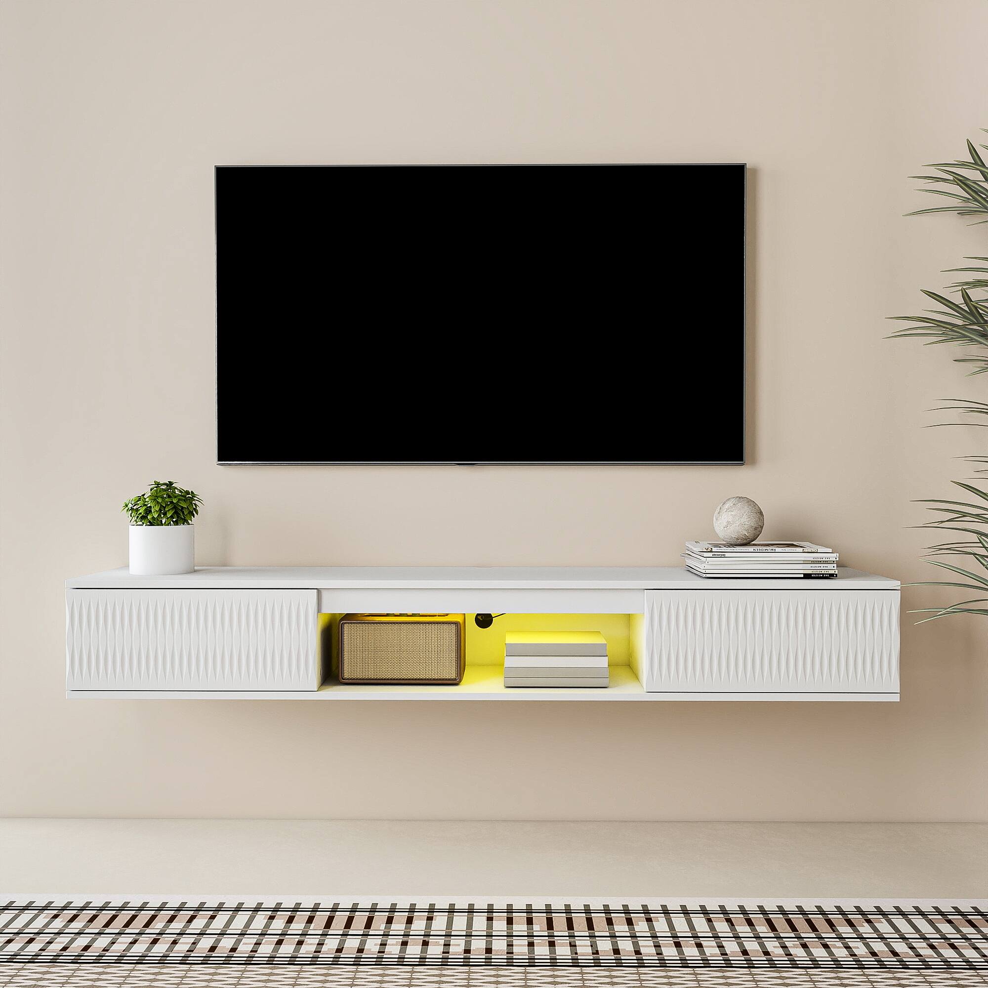 Back. Kadyn - Wall-Mounted Floating TV Stand with LED Lighting and Twisted Texture Design - White.